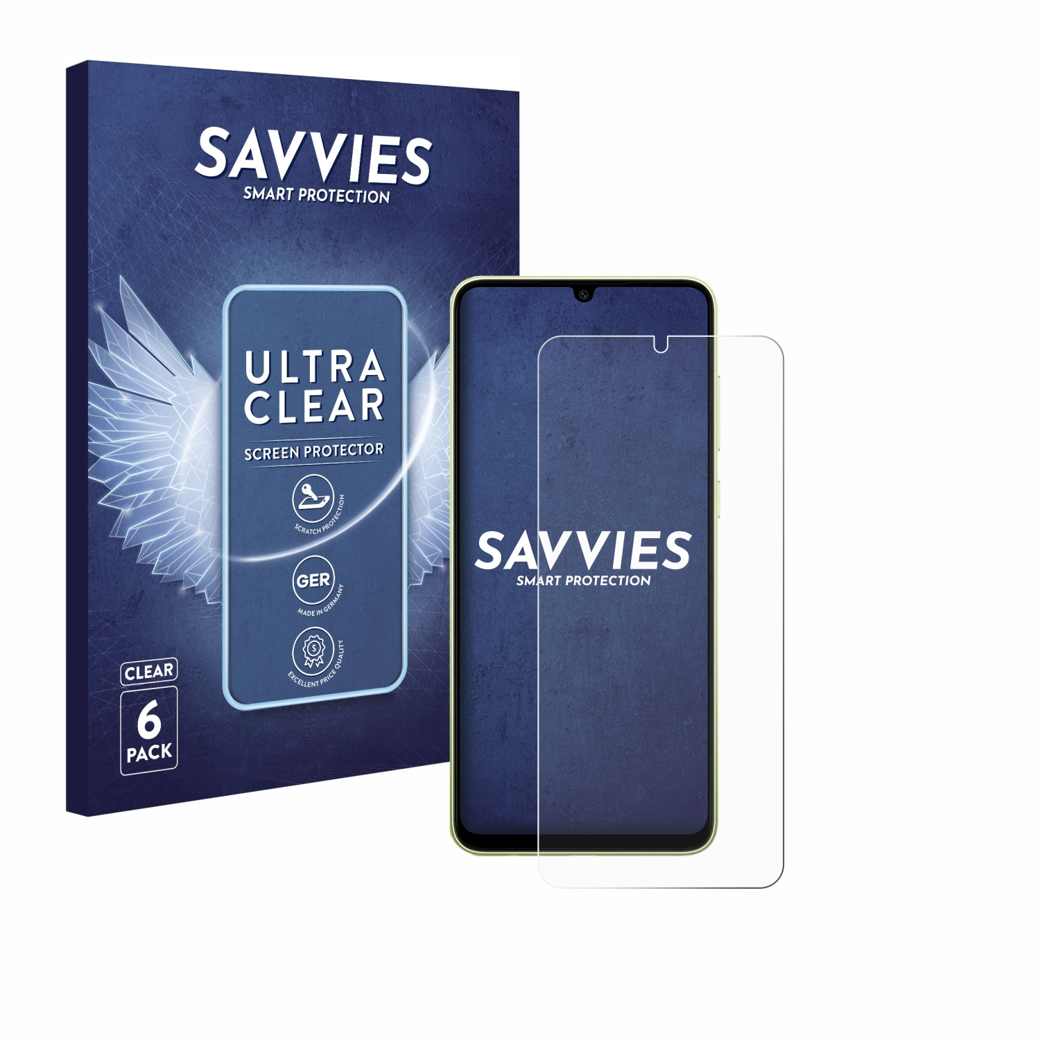 Telefon mit Displayschutz und eine Box.