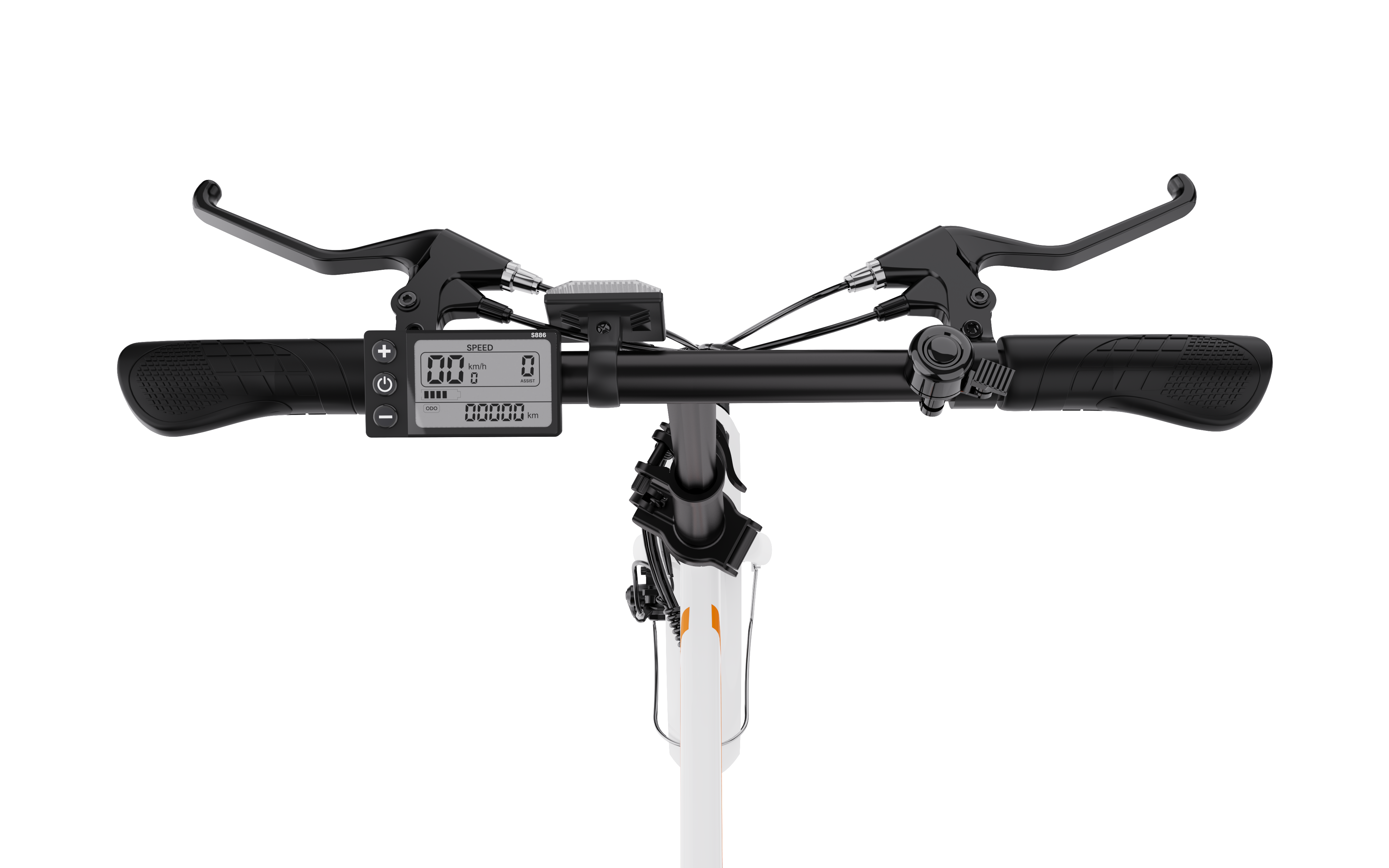 Zbliżenie kierownicy hulajnogi elektrycznej z wyświetlaczem i kontrolkami.