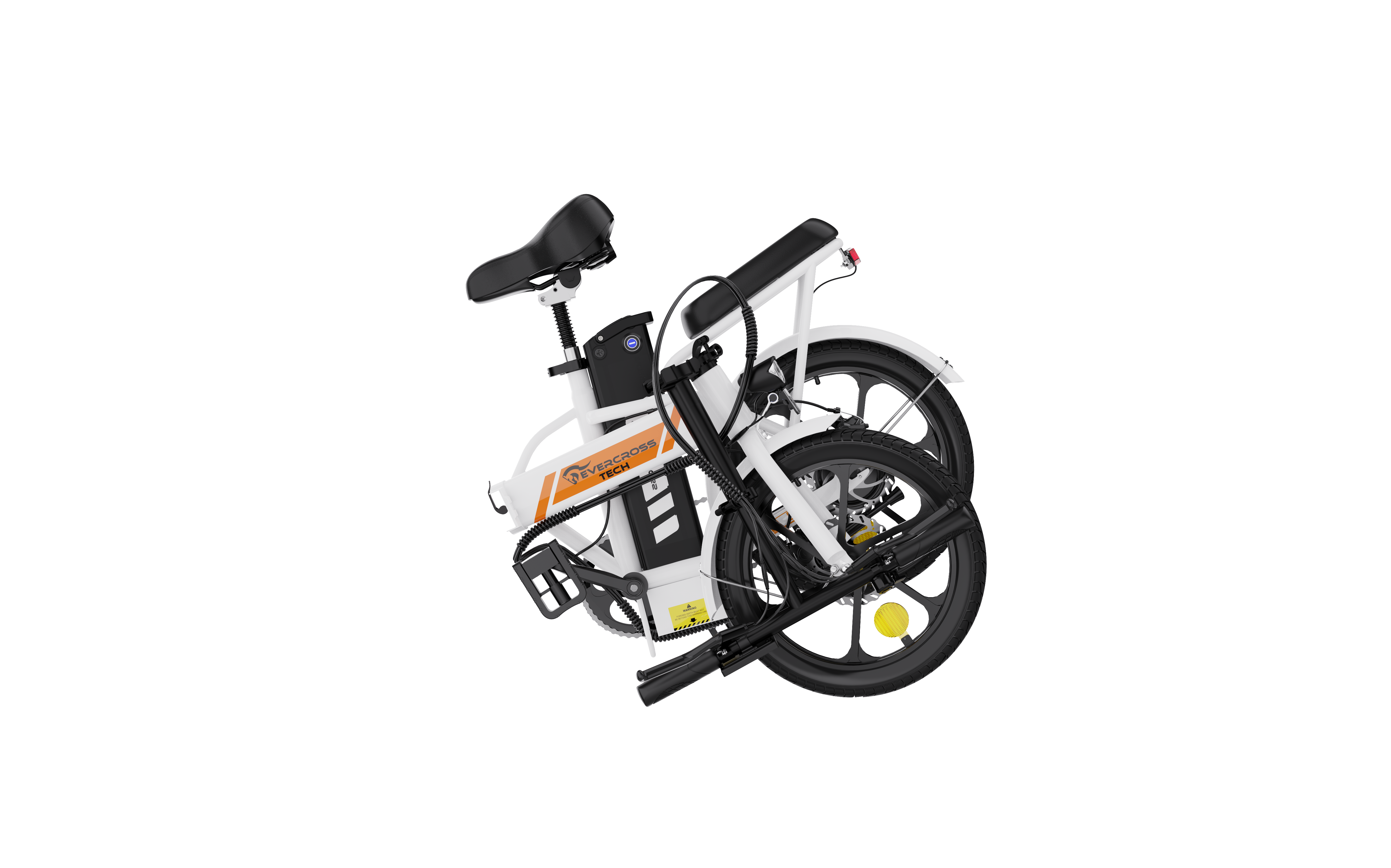 Una bicicleta eléctrica plegada blanca y naranja sobre un fondo negro, vista lateral.