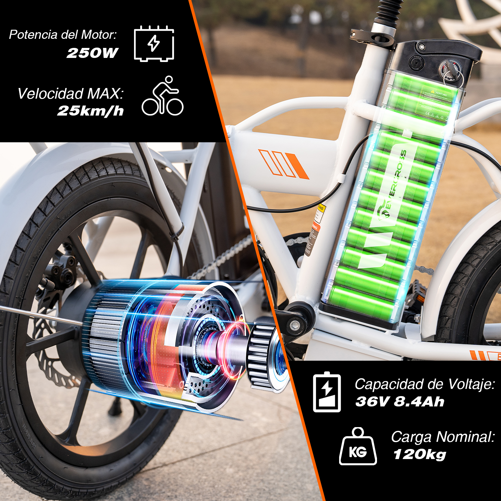 Detalles de bicicleta eléctrica: motor de 250W, velocidad máxima de 25km/h y batería de 36V 8.4Ah. Marco blanco.