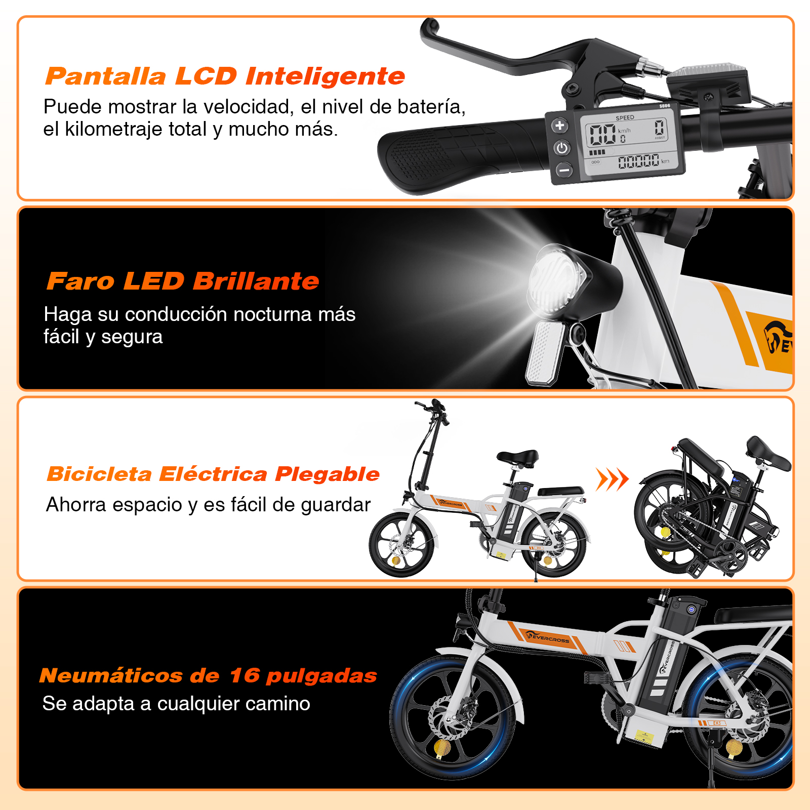 Infografía sobre una bicicleta eléctrica plegable. Características: LCD, luz LED, plegado.