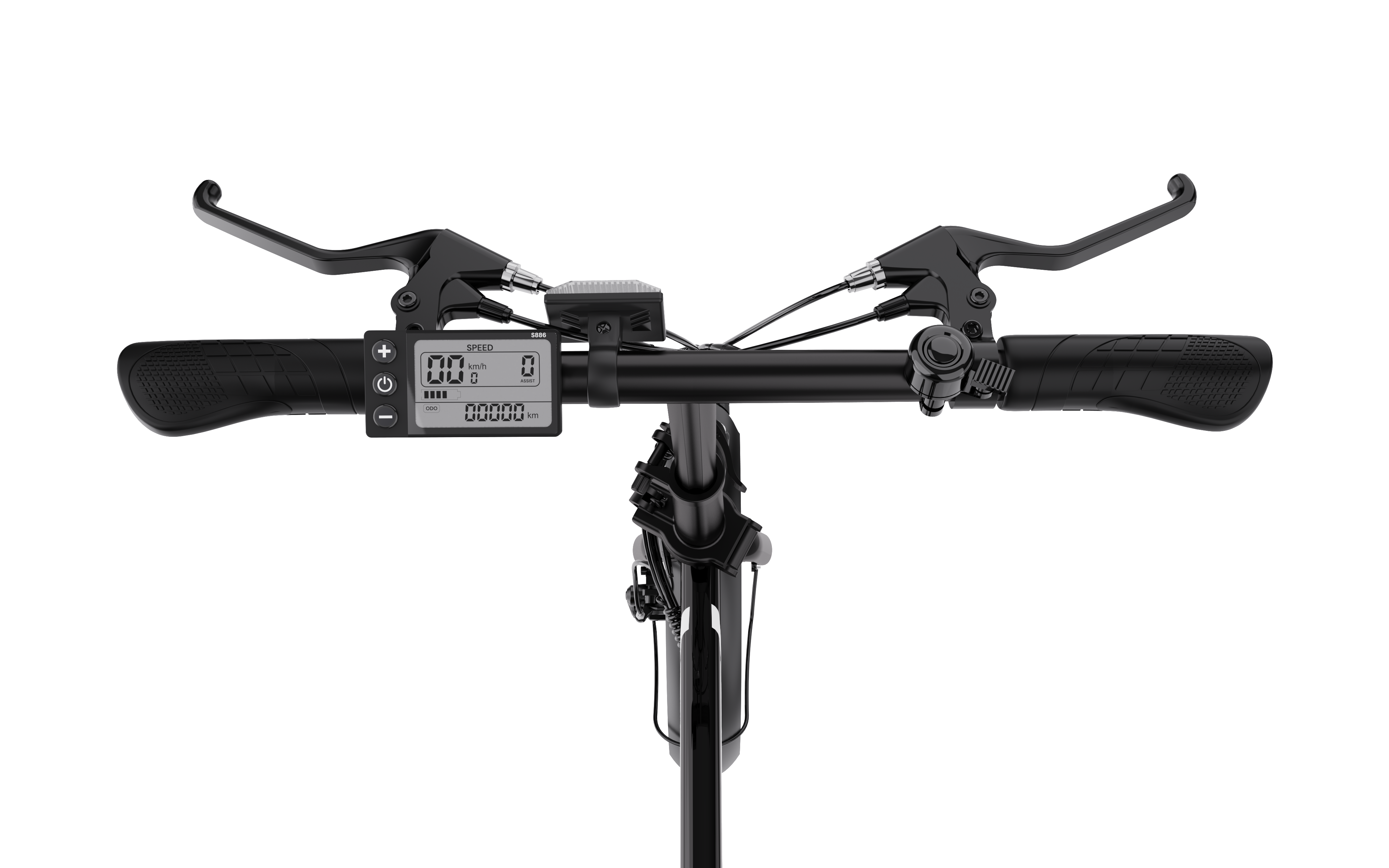 Kierownica skutera, z cyfrowym wyświetlaczem pokazującym prędkość i inne informacje. Czarne uchwyty.