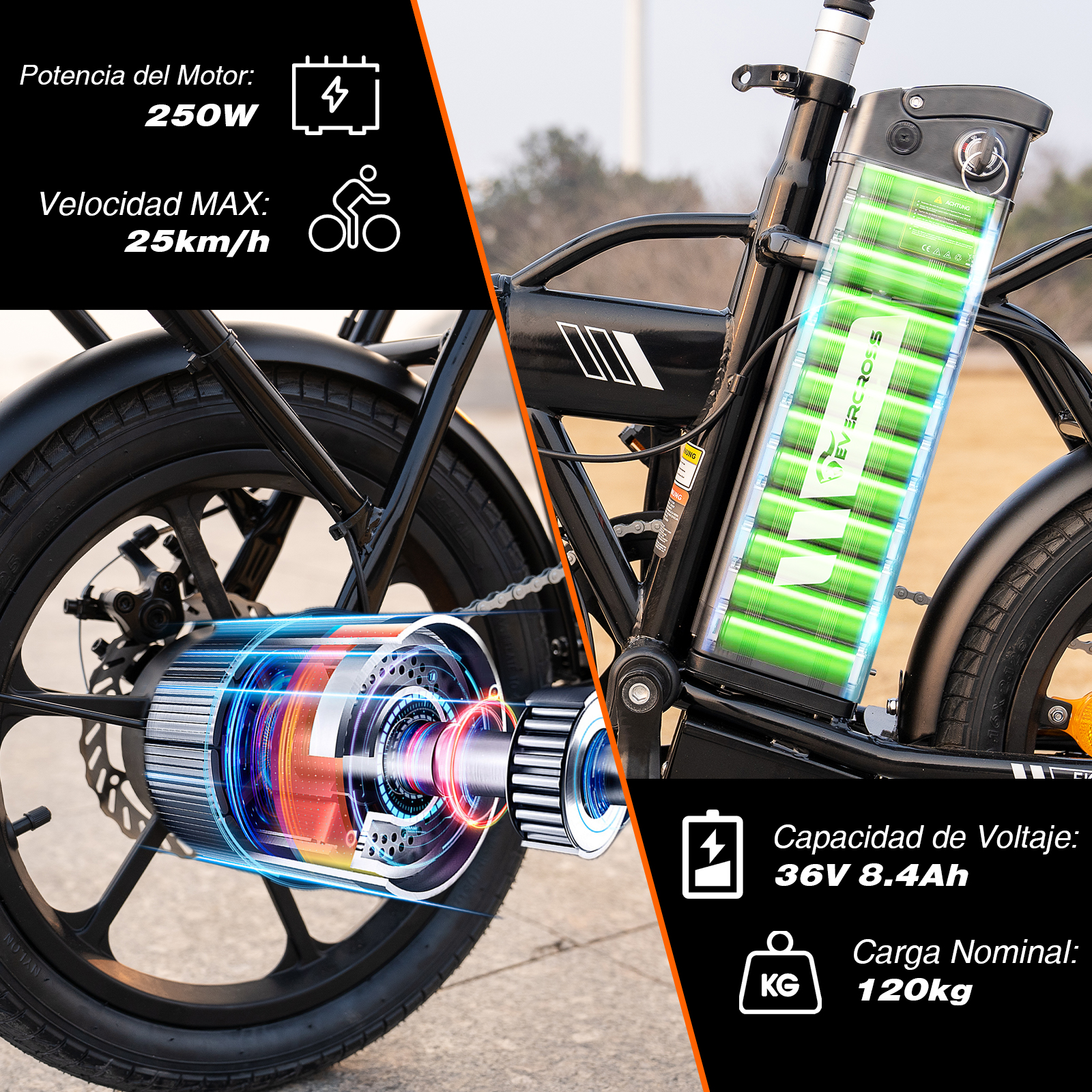 Una bicicleta eléctrica con batería visible y datos: motor 250W, vel. máx. 25km/h, batería 36V 8.4Ah.