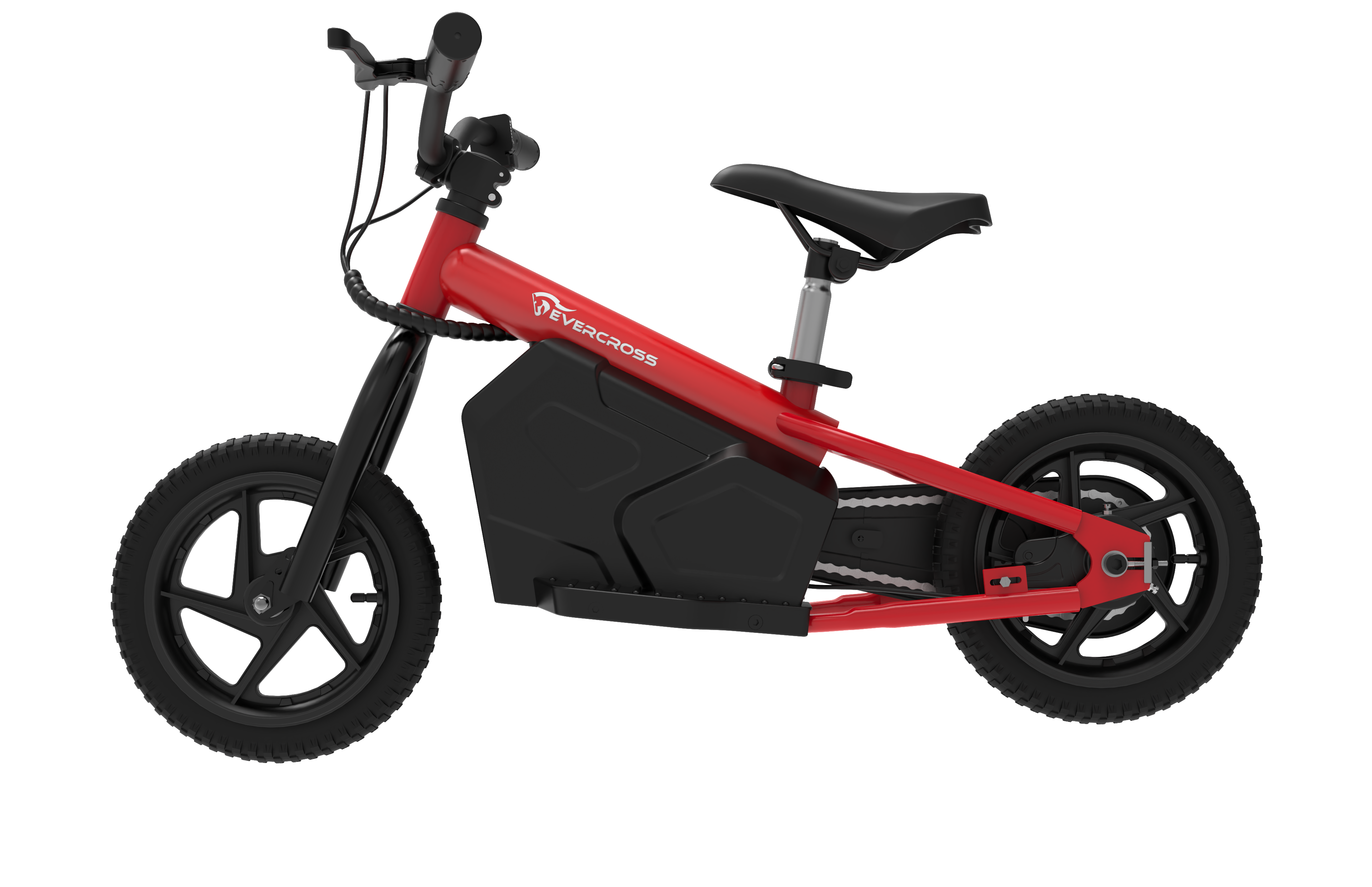 Bicicleta eléctrica roja sobre fondo negro. Se ve el logo de la marca Evercross.
