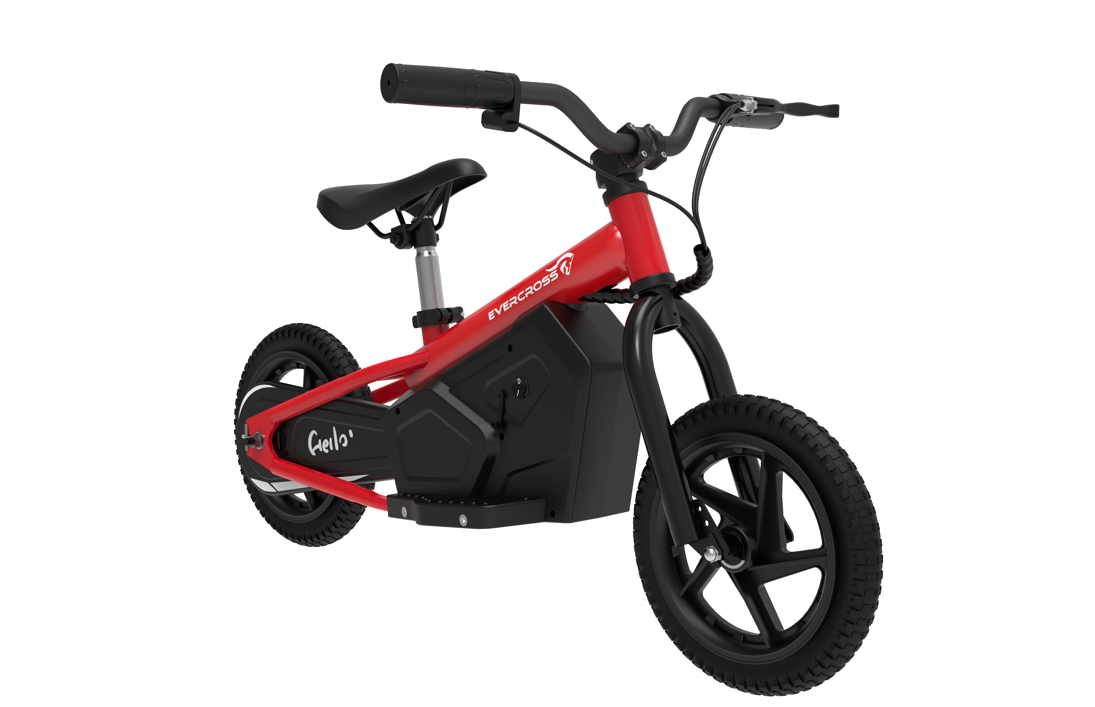 Una bicicleta de equilibrio eléctrica roja y negra con fondo negro, que muestra el manillar y las ruedas.