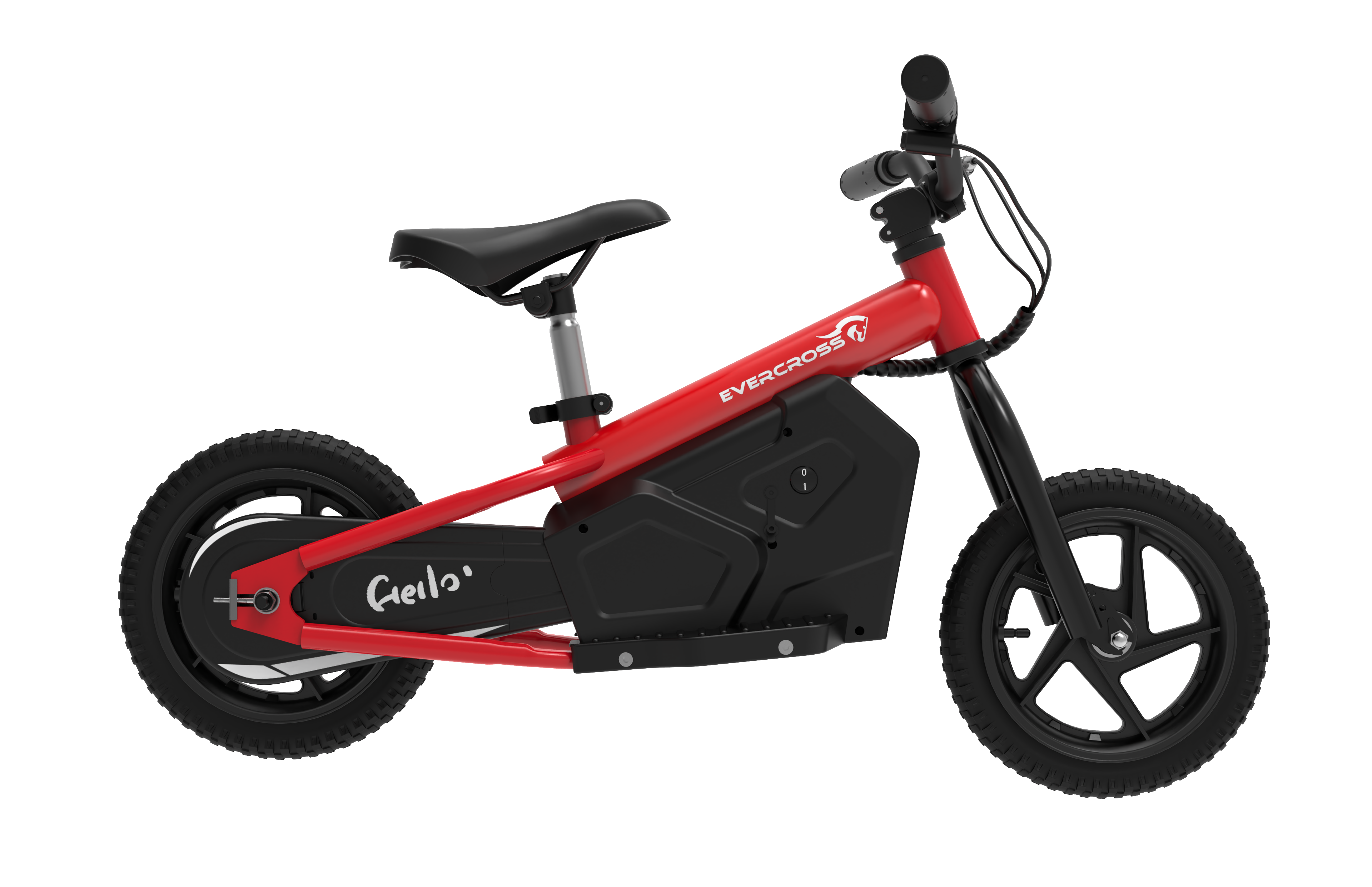 Bicicleta eléctrica roja sobre fondo blanco. Ruedas, asiento y motor negros.