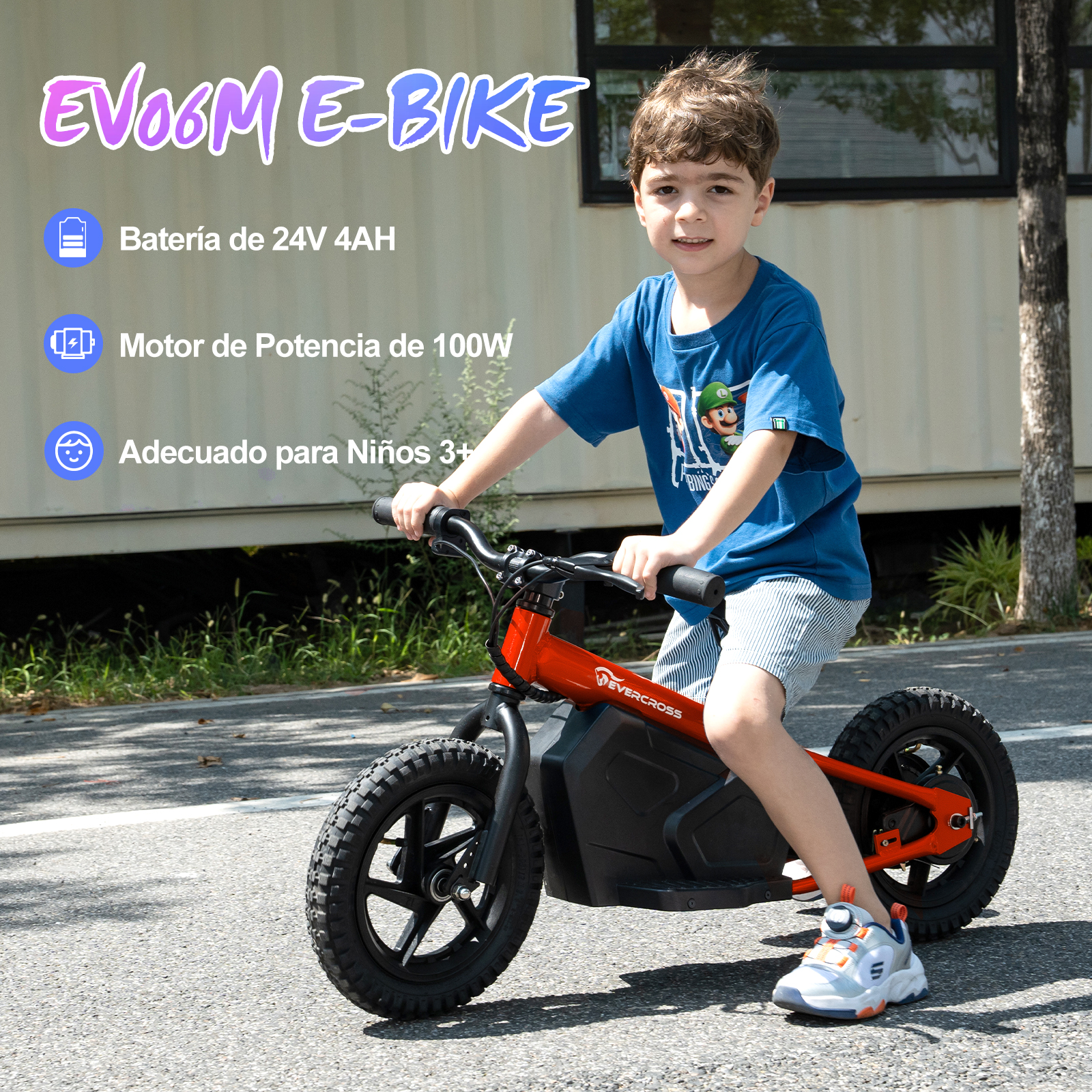 Un niño monta una EV06M E-BIKE roja en una carretera pavimentada, usando una camisa azul.