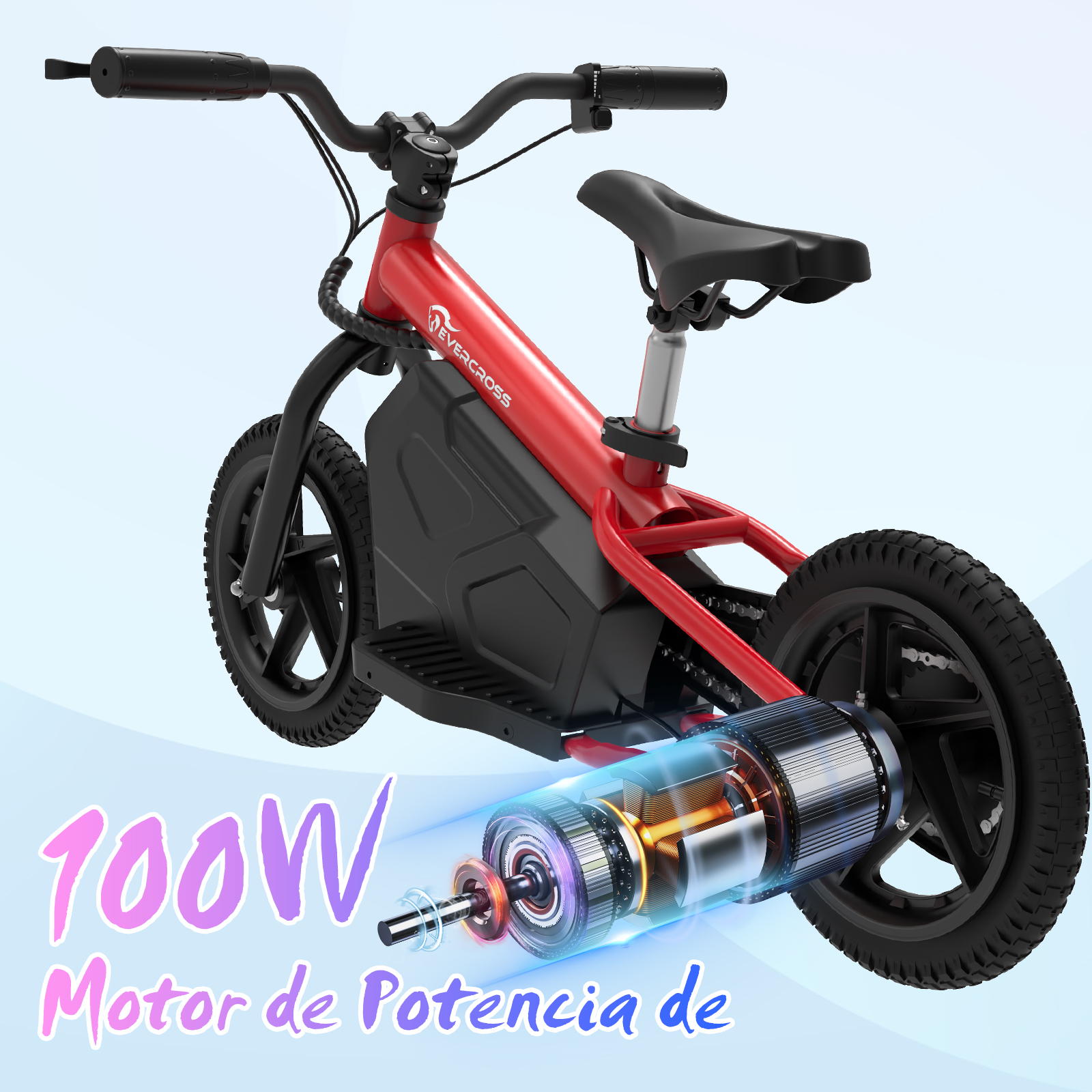Bicicleta eléctrica roja con gráfico de motor de 100W, mostrando partes internas.