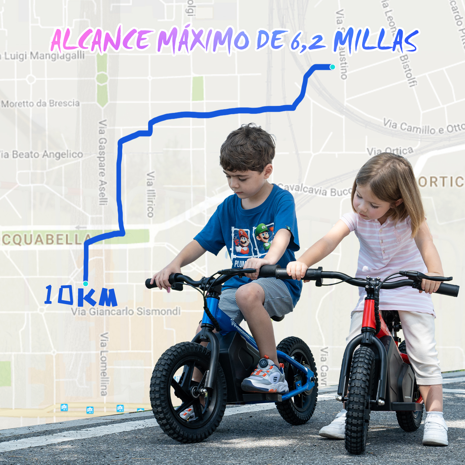 Dos niños en bicicletas eléctricas siguen una ruta azul en un mapa. Fondo: Calle de la ciudad y mapa.