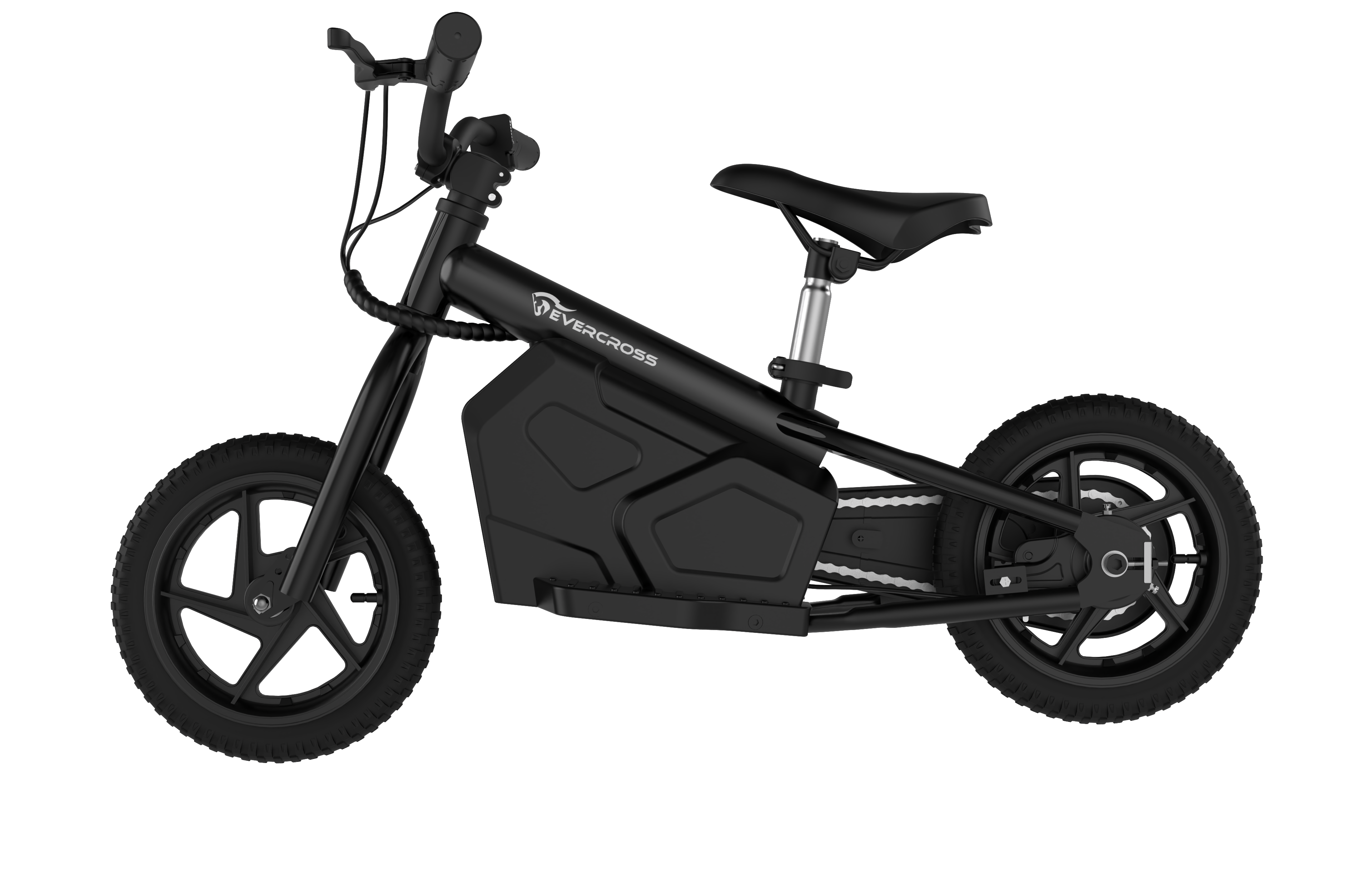 Bicicleta eléctrica negra sobre fondo blanco. La marca es Evercross.