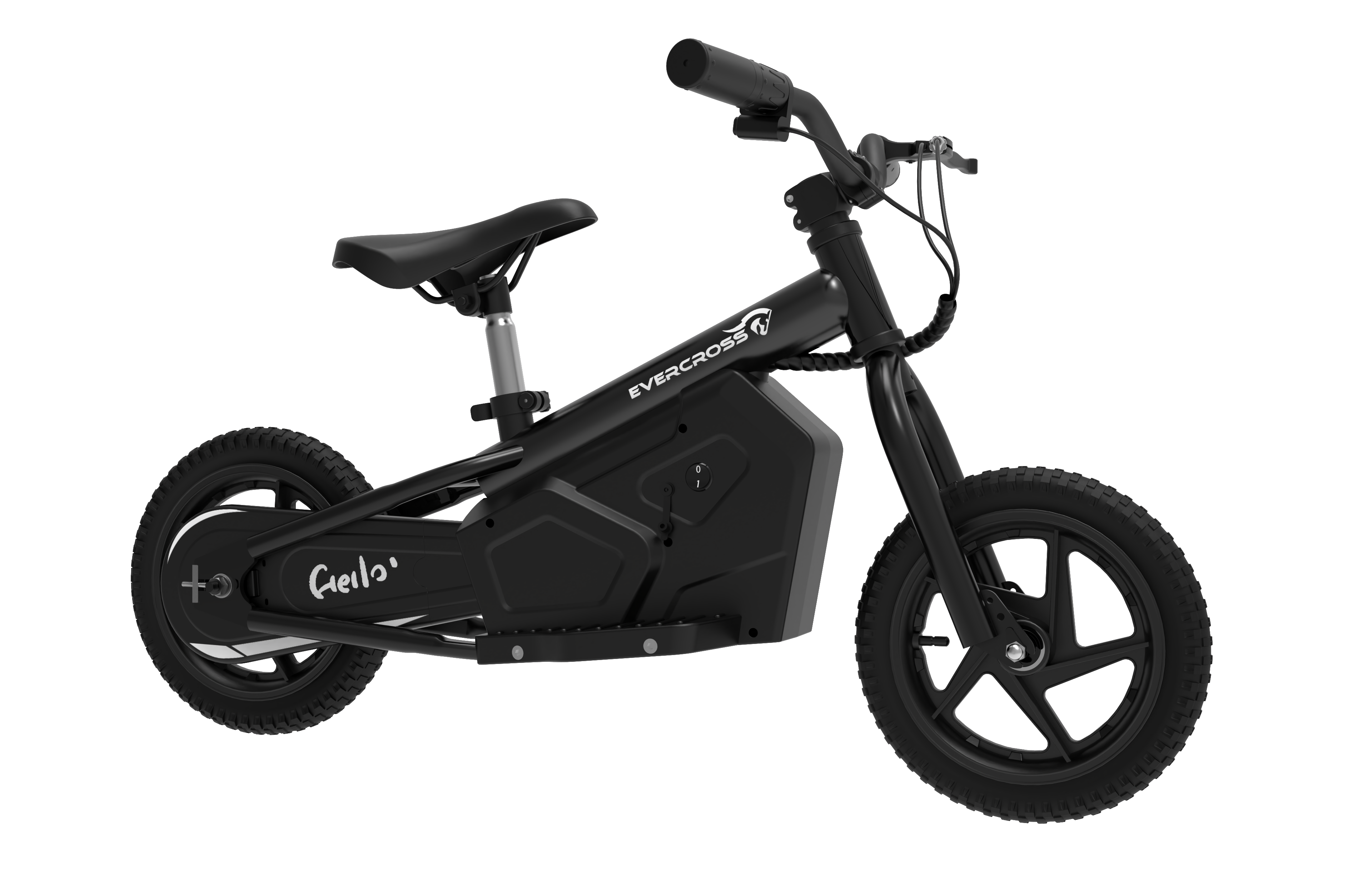 Bicicleta eléctrica negra con el logo Evercross. El fondo es negro.