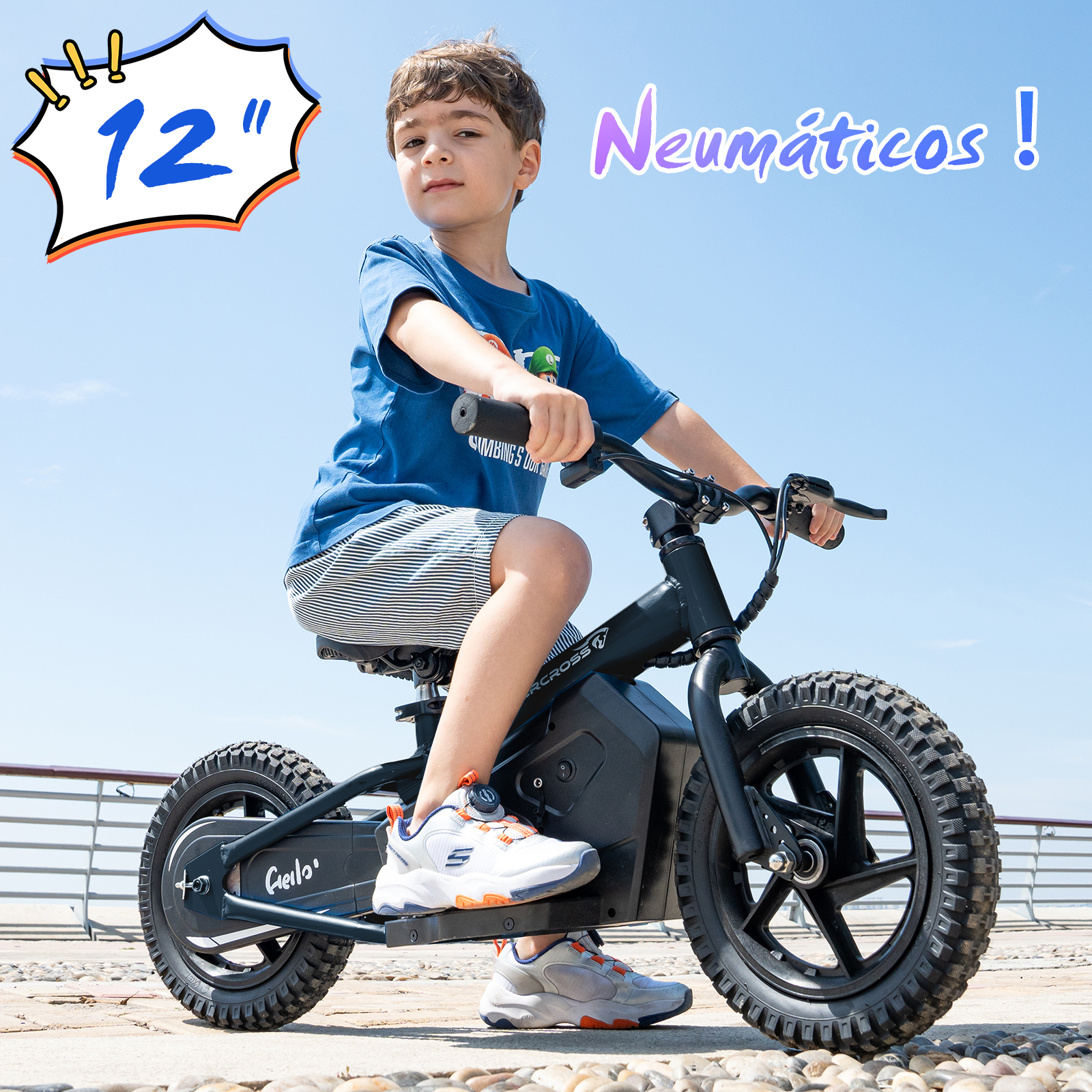 Un niño en una bicicleta negra, cielo soleado, con burbujas de texto que dicen "12" y "Neumáticos!"