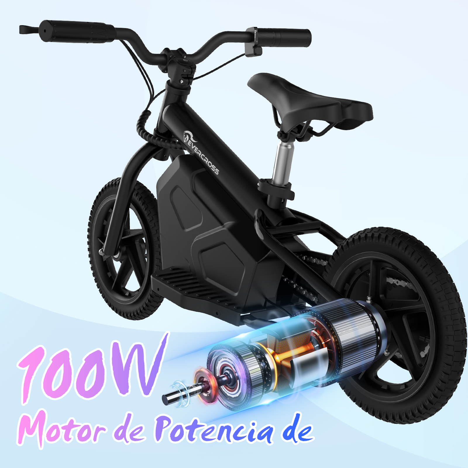 Bicicleta eléctrica negra con motor, detalle del motor y texto '100W Motor de Potencia'.