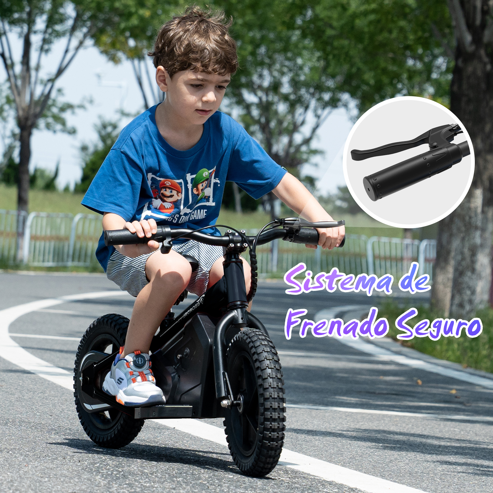 Niño en e-bike negra en carretera, detalle del freno lateral.