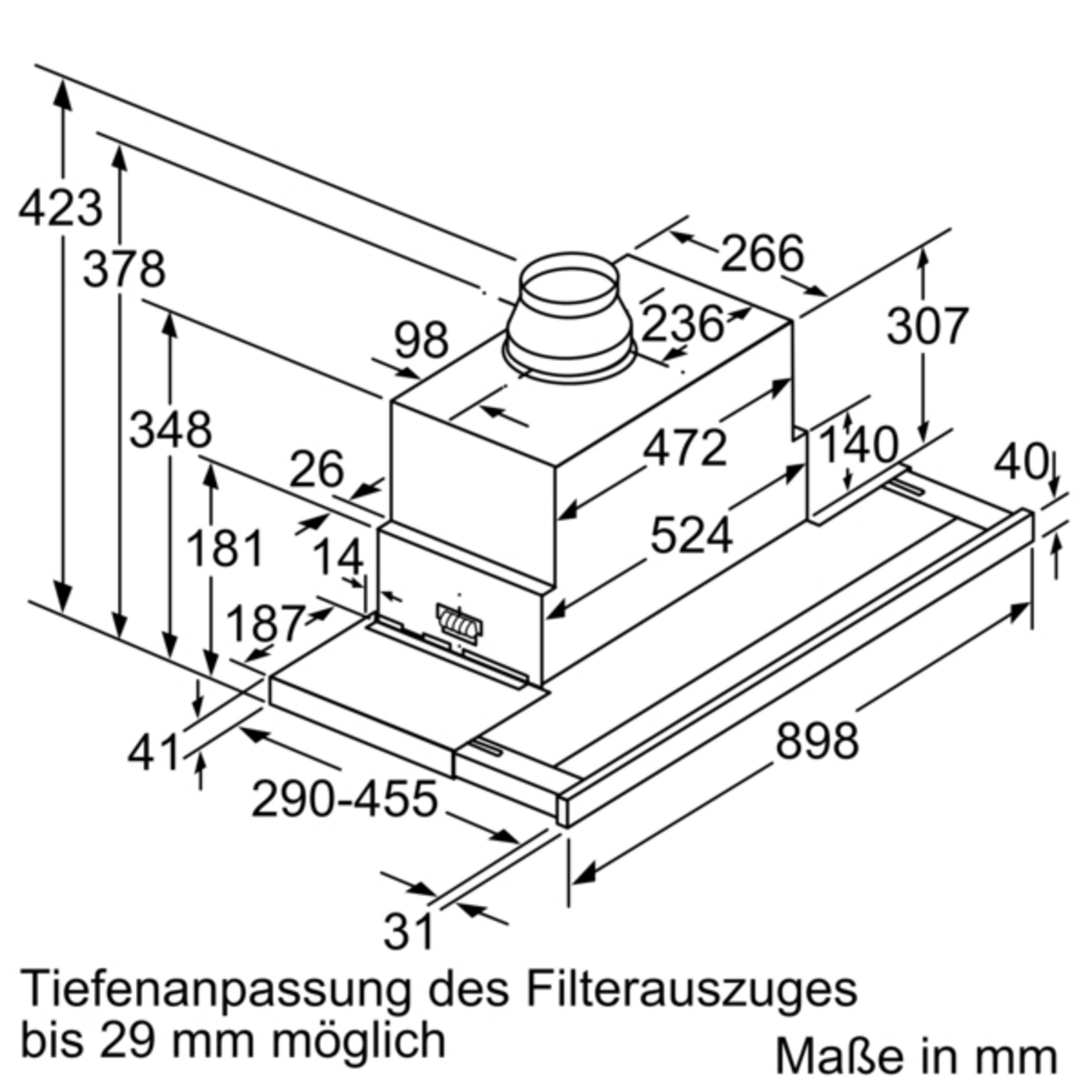 Diagramm einer Dunstabzugshaube mit beschrifteten Abmessungen und Messungen.