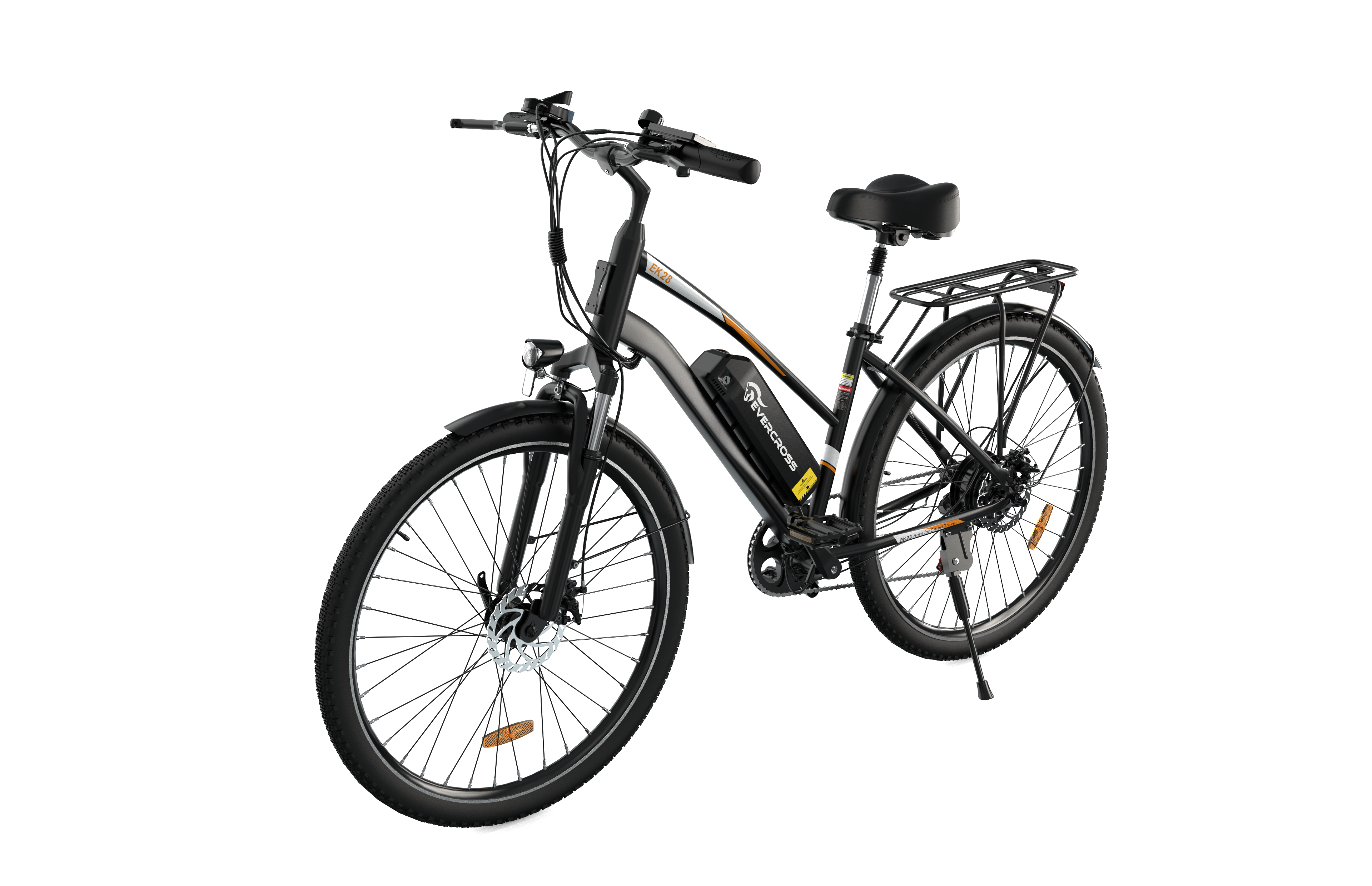 Bicicleta eléctrica Evercross negra con fondo blanco y negro.