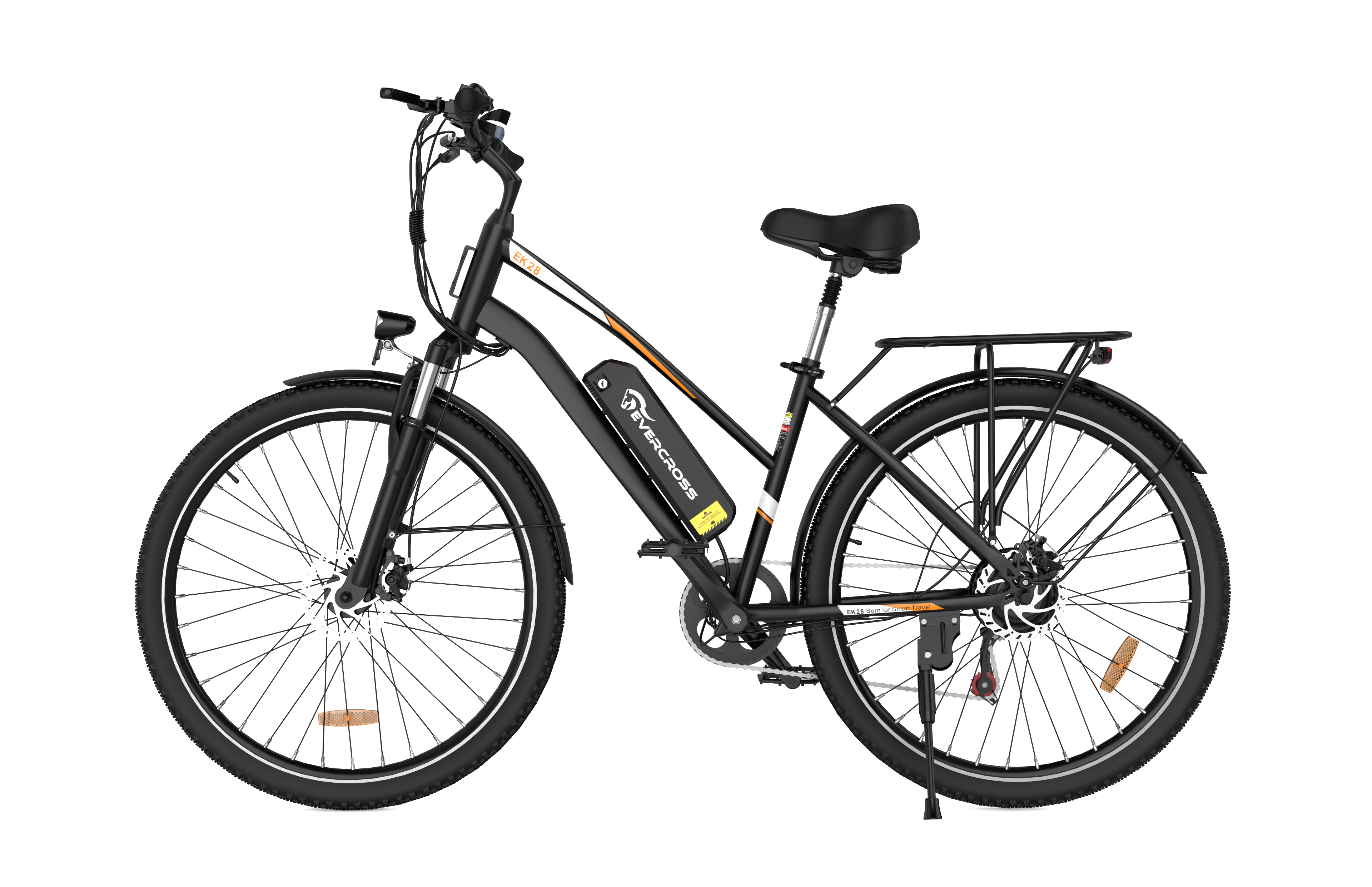 Bicicleta eléctrica negra con neumáticos negros y batería amarilla.