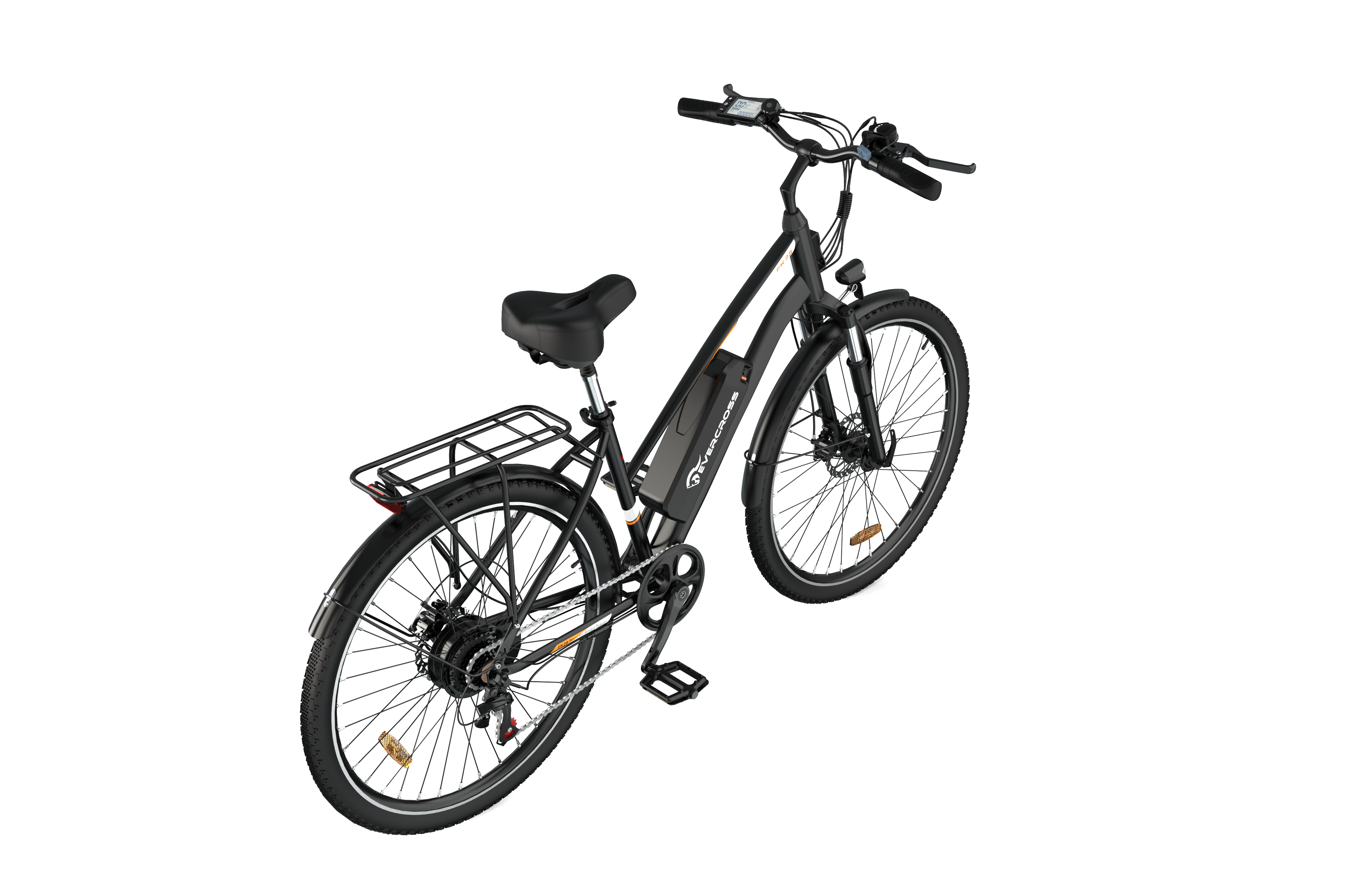 Una bicicleta eléctrica negra con portaequipajes trasero, asiento negro y neumáticos negros.
