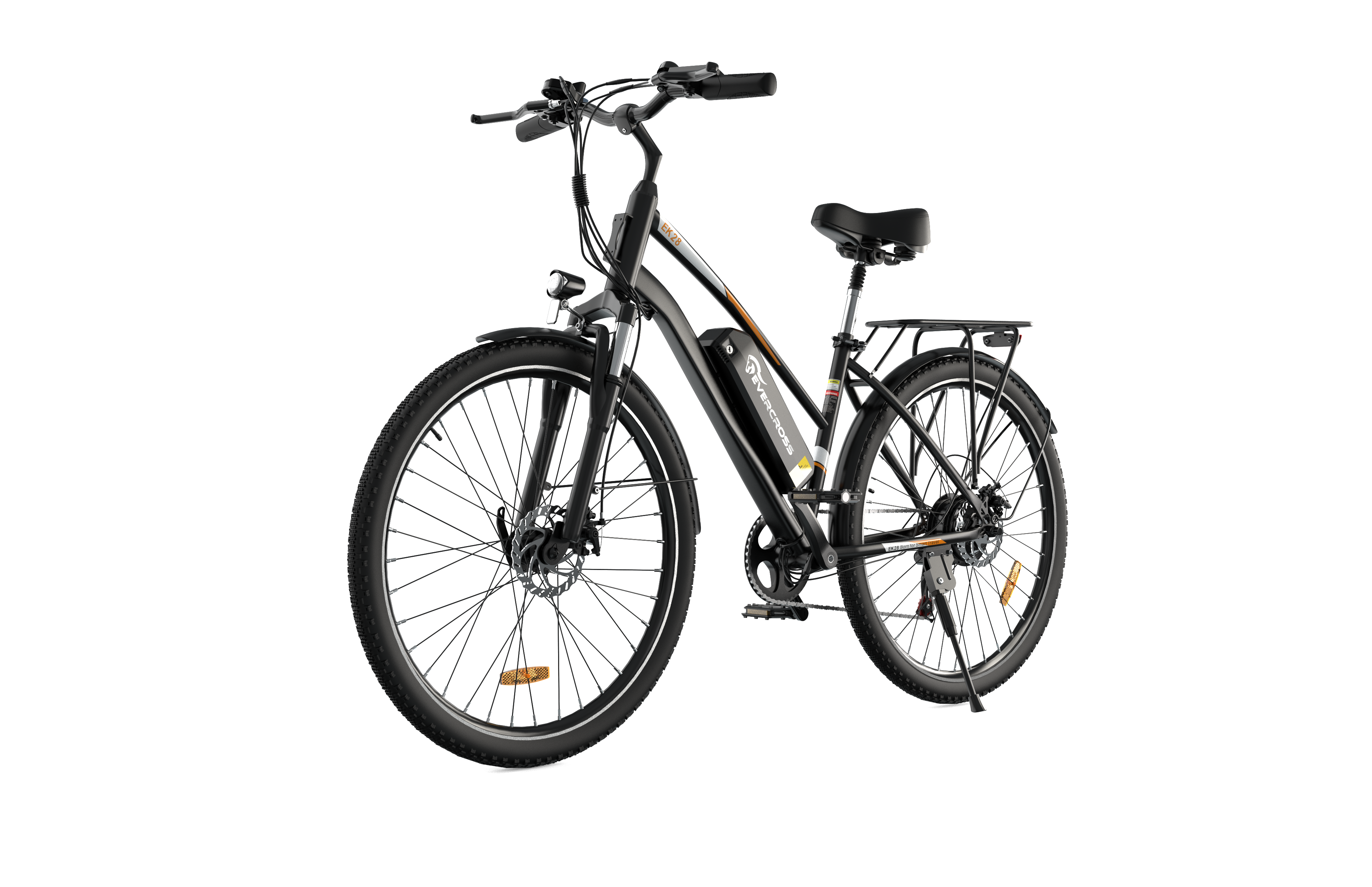 Una bicicleta eléctrica negra sobre un fondo negro. Es una vista lateral.