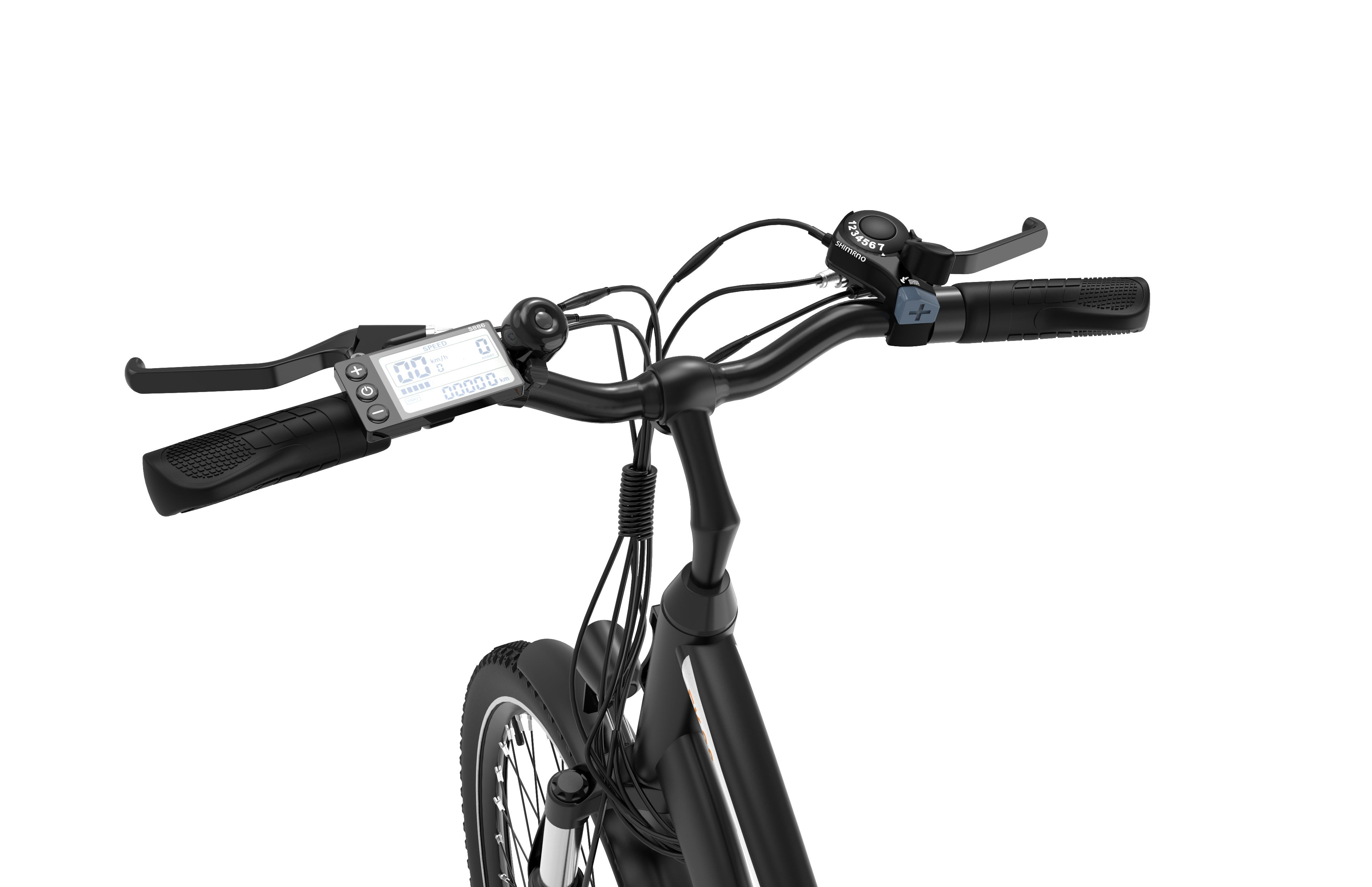 Primer plano del manillar de una e-bike negra con pantalla digital. El fondo es reflejo del agua.