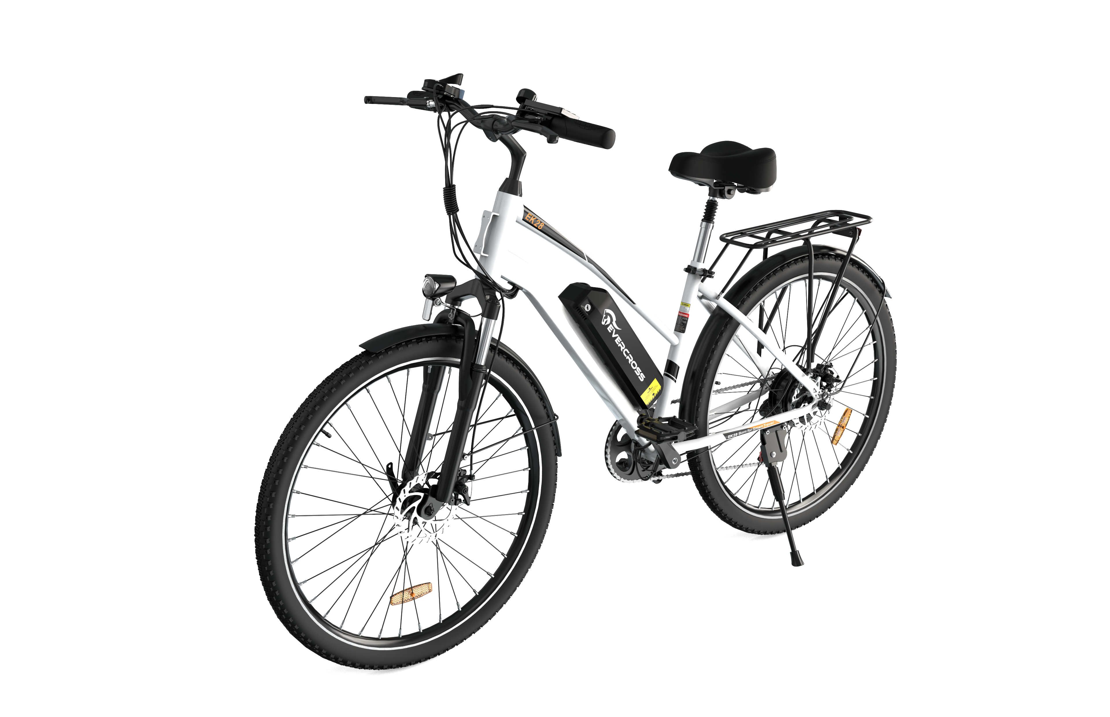 Bicicleta eléctrica blanca con neumáticos negros, asiento negro y batería.