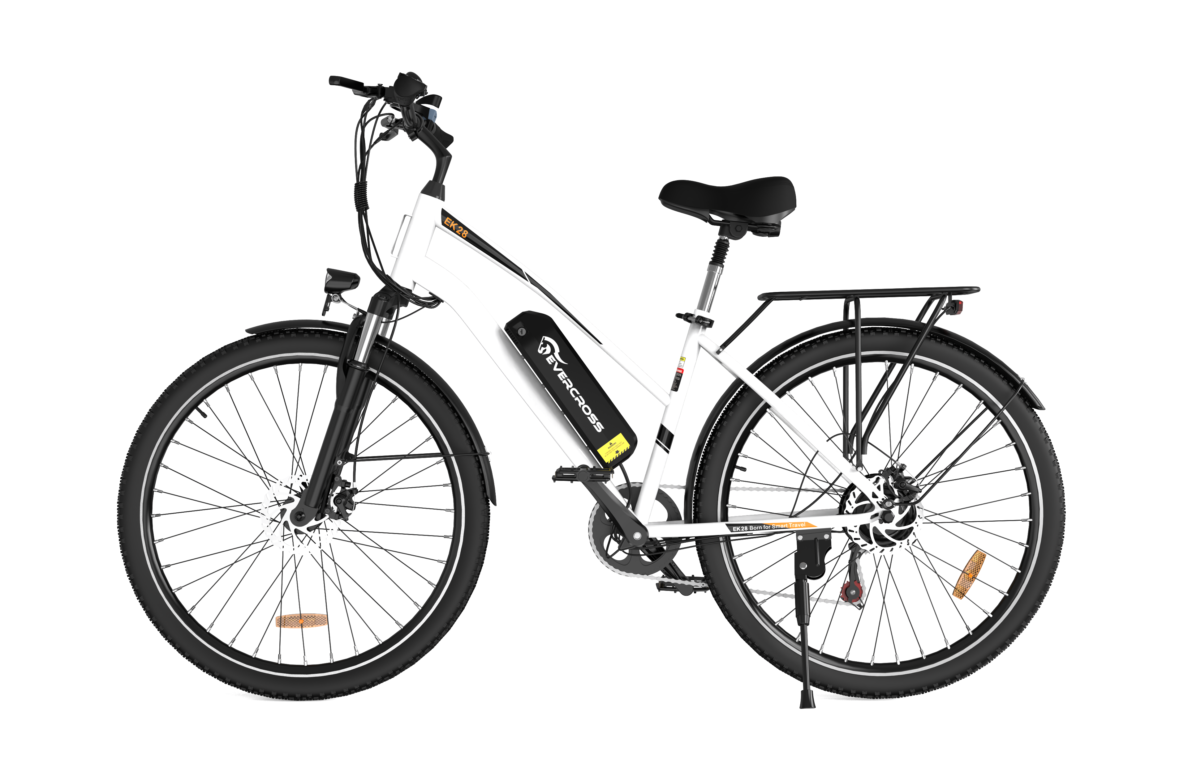 Bicicleta eléctrica blanca y negra. Tiene asiento y neumáticos negros. El fondo es blanco.