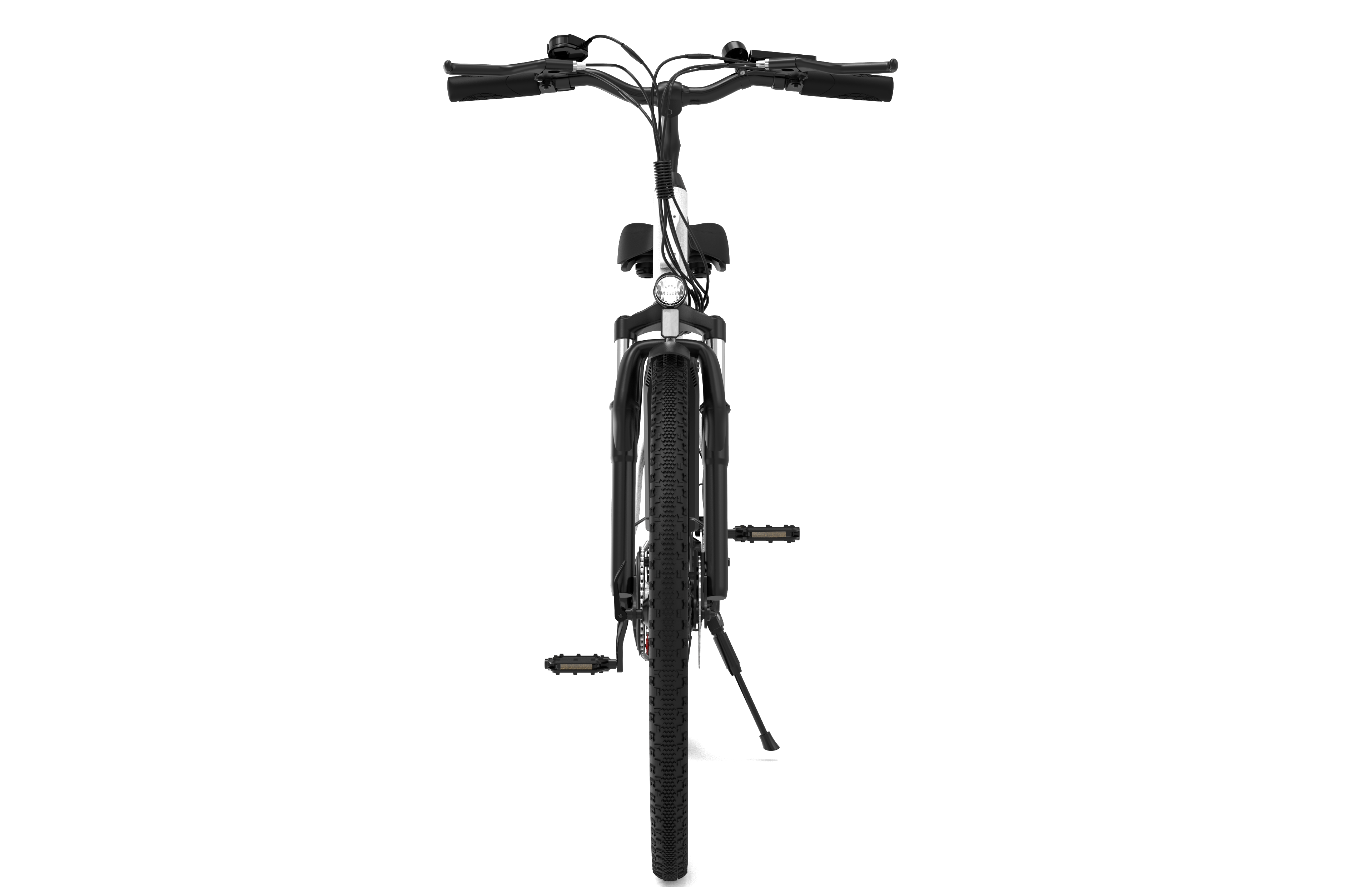 Vista frontal de una bicicleta. La imagen está centrada en la bicicleta.