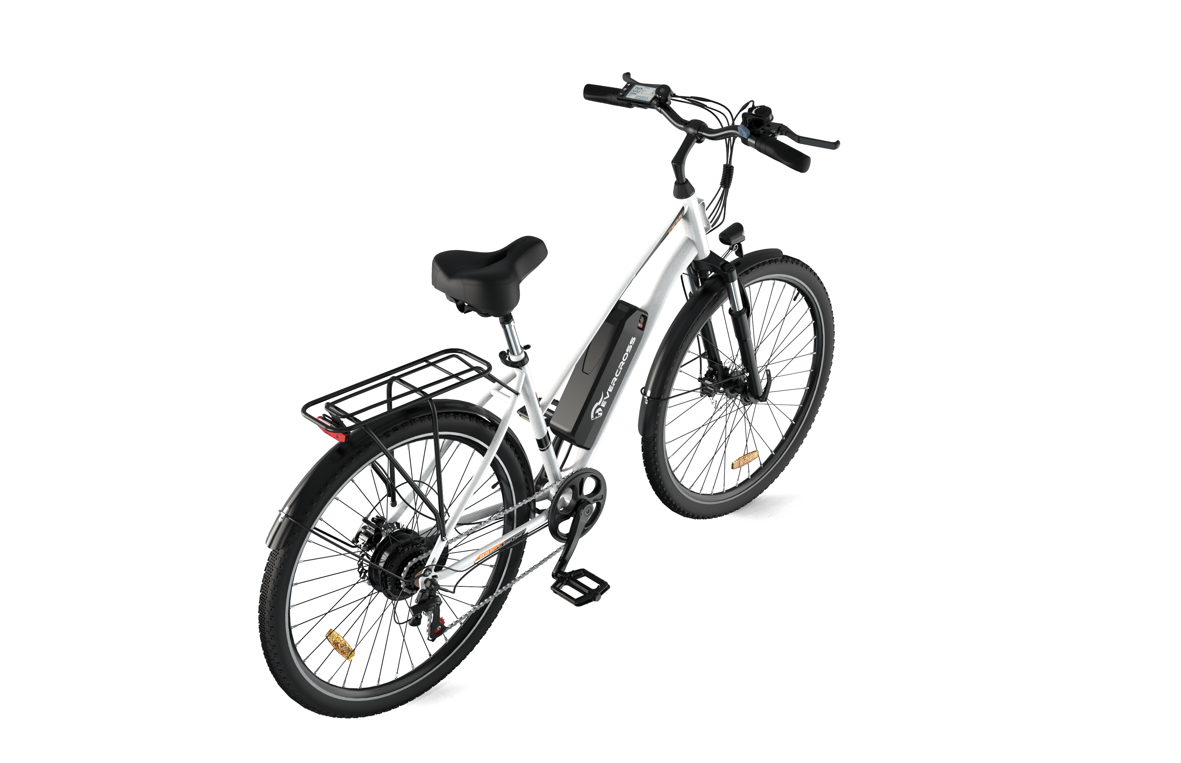 Bicicleta eléctrica plateada vista desde arriba, con neumáticos negros y portaequipajes trasero.