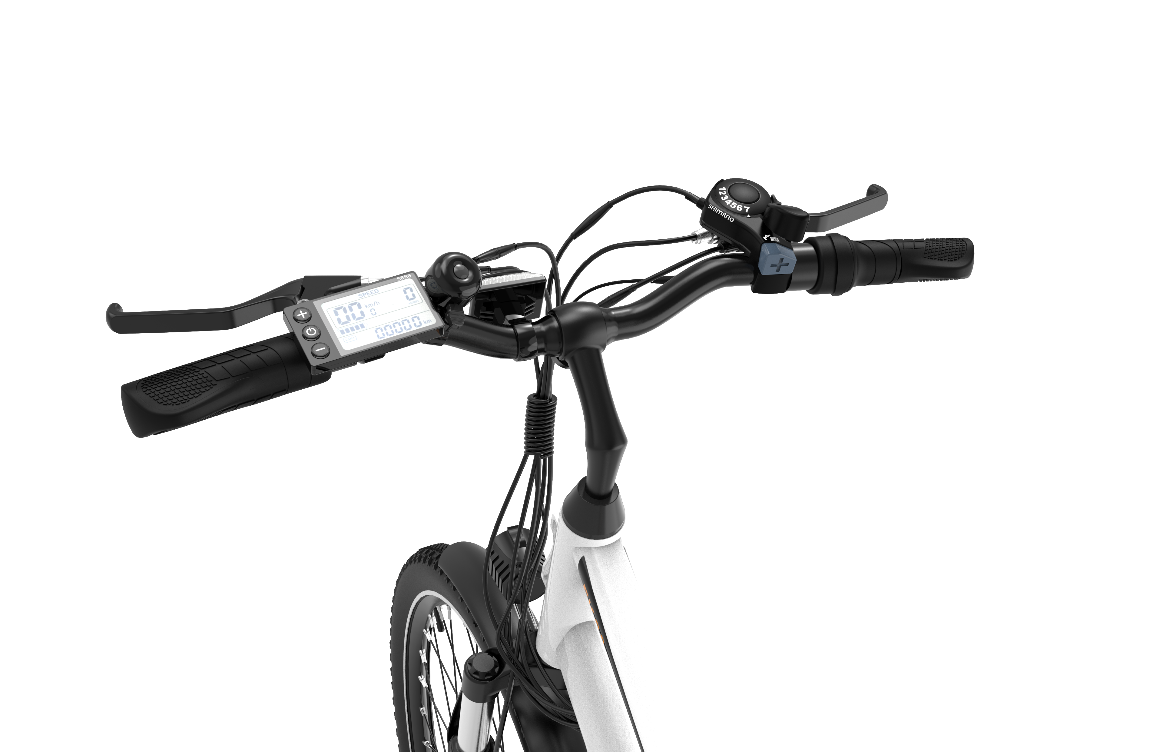 Primer plano de un manillar de bicicleta con pantalla digital y controles, blanco y negro.