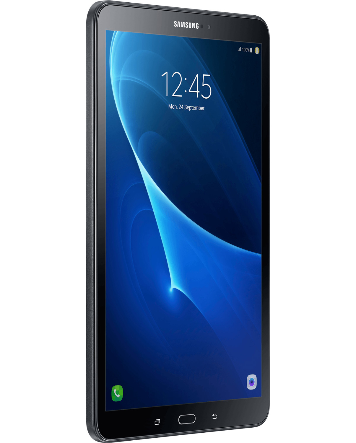 Czarny tablet Samsung wyświetlający godzinę i datę na ekranie.