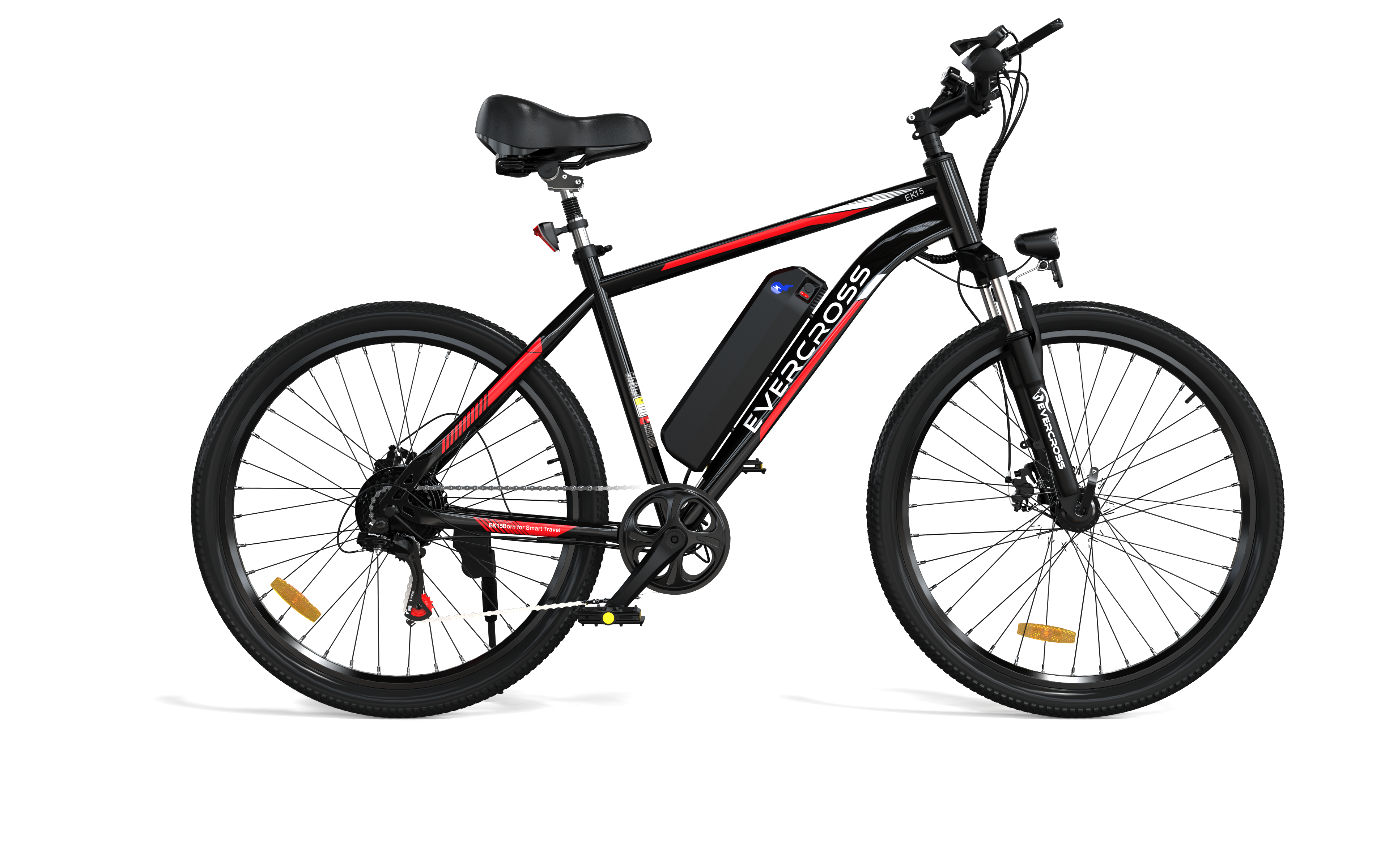Schwarzes Elektrofahrrad mit roten Akzenten und Akku. Die Marke ist Evercross. Der Hintergrund ist weiß.