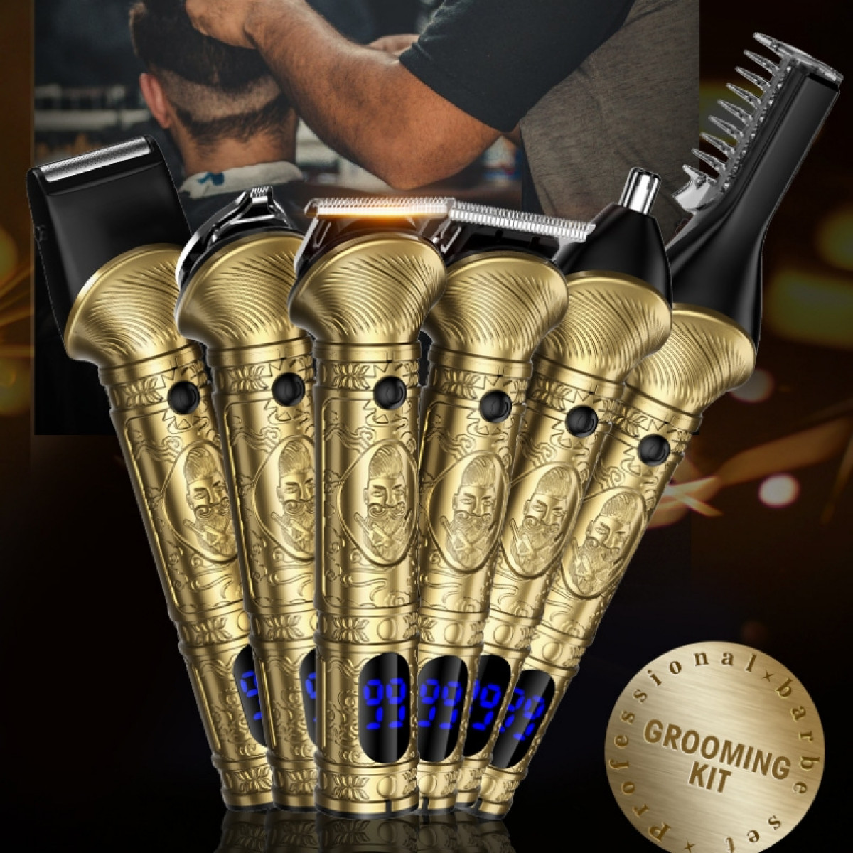 Goldenes Pflege-Set. Enthält mehrere goldene Trimmer mit Digitalanzeigen und ein Logo des Pflege-Sets.