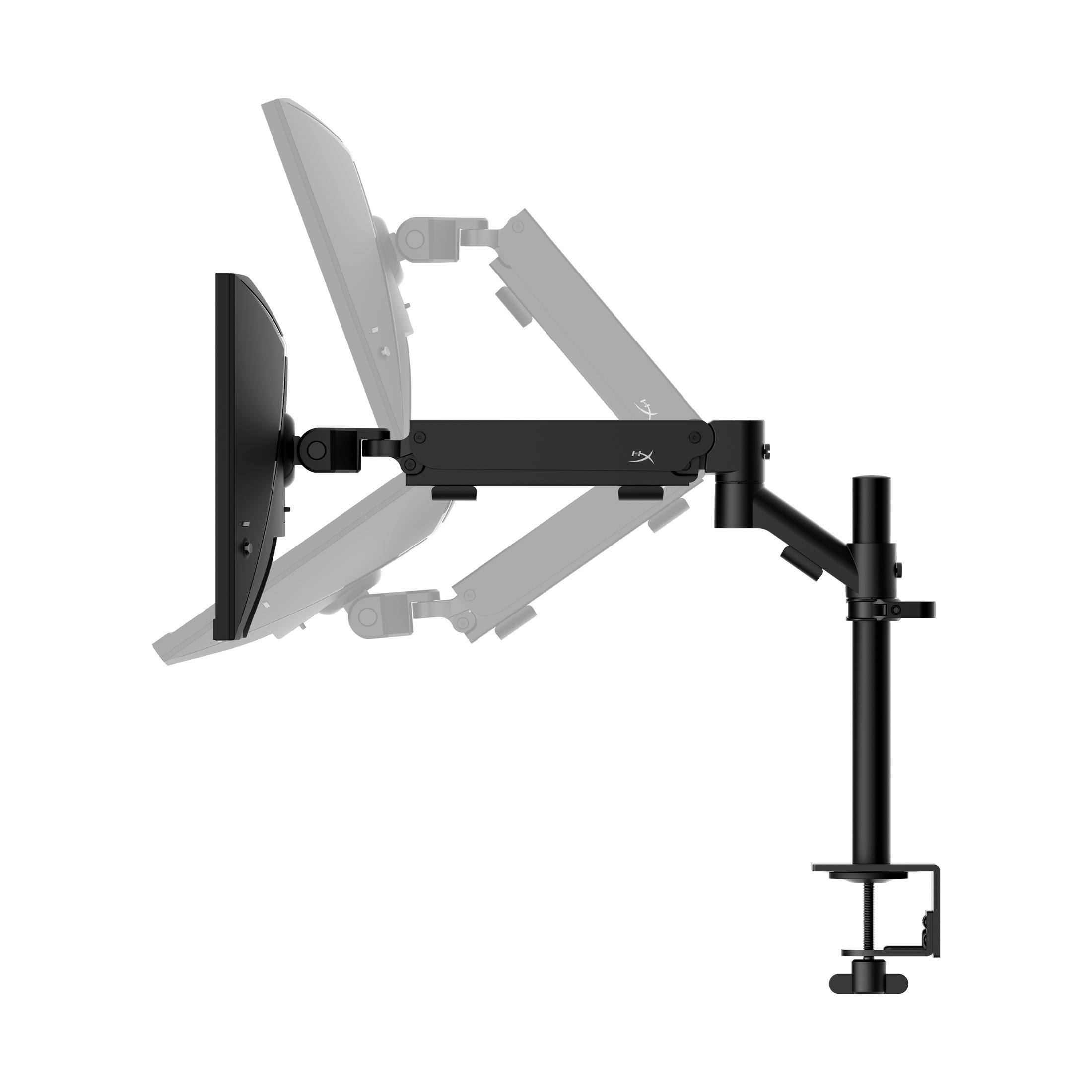 Czarny uchwyt do monitora z dołączonym monitorem, pokazujący różne pozycje, na białym tle.