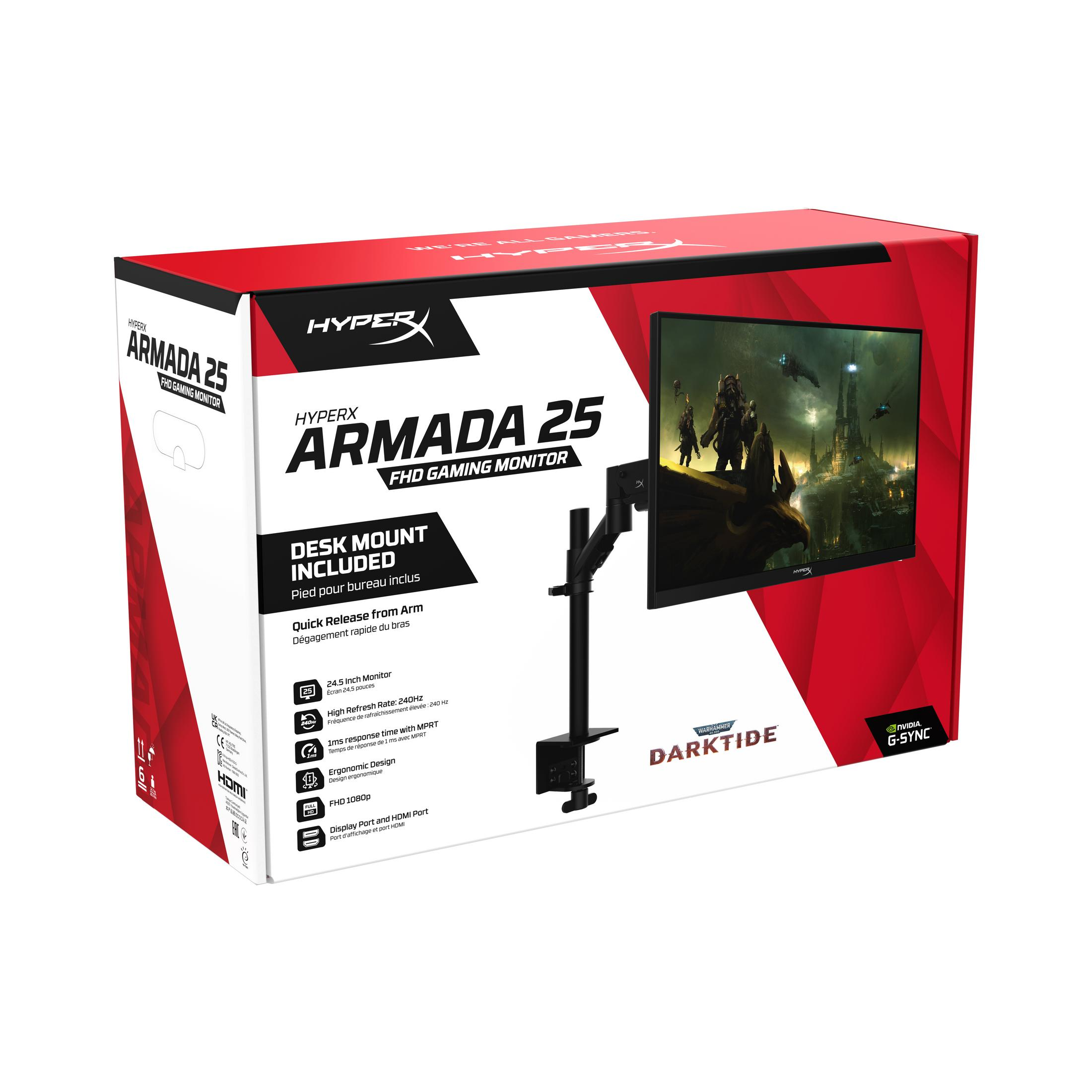 Pudełko monitora do gier HyperX Armada 25, czarno-czerwony design, z ramieniem.