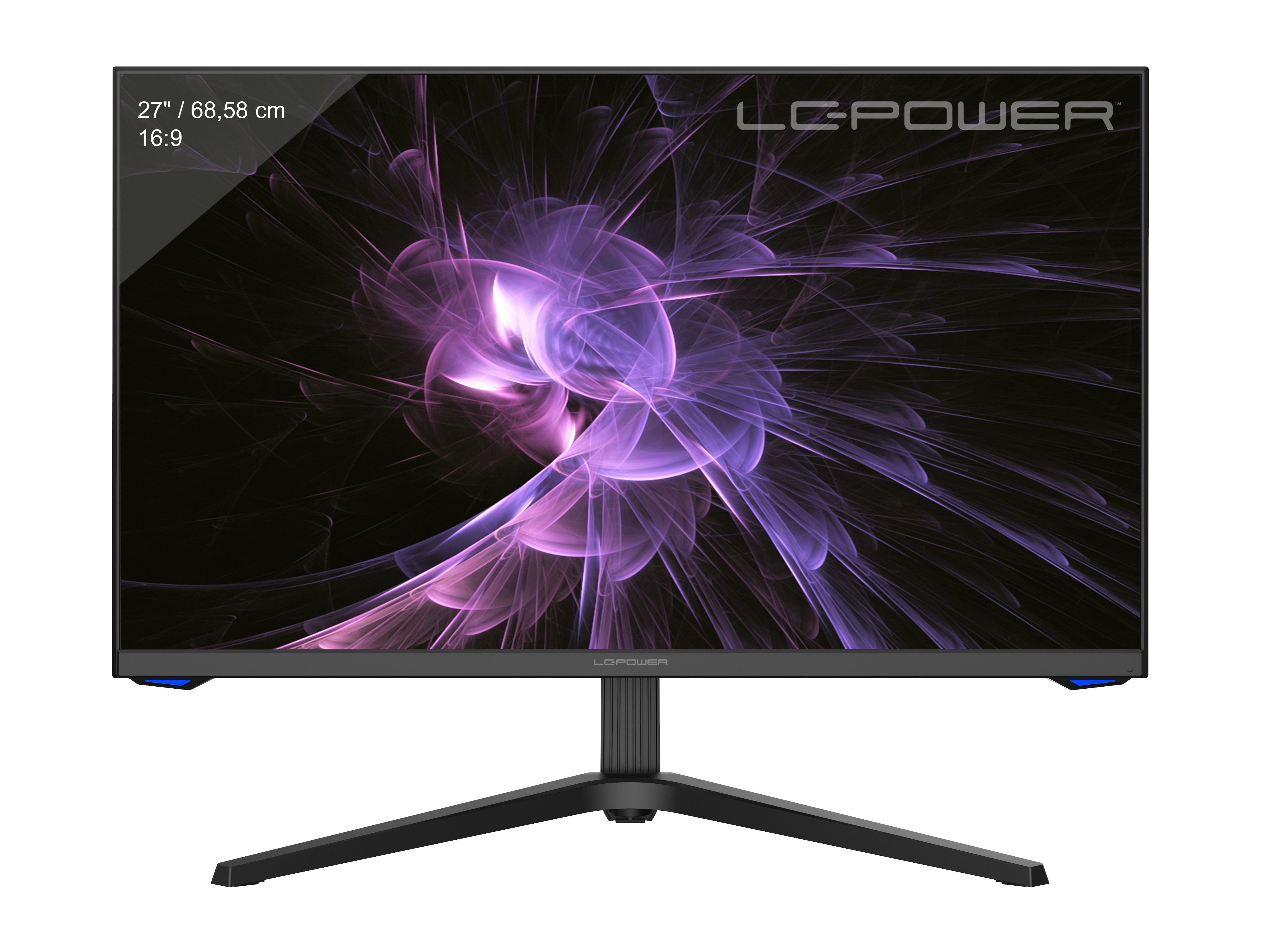 Czarny monitor z kolorowym tłem. Monitor ma podstawkę i czarną ramkę.