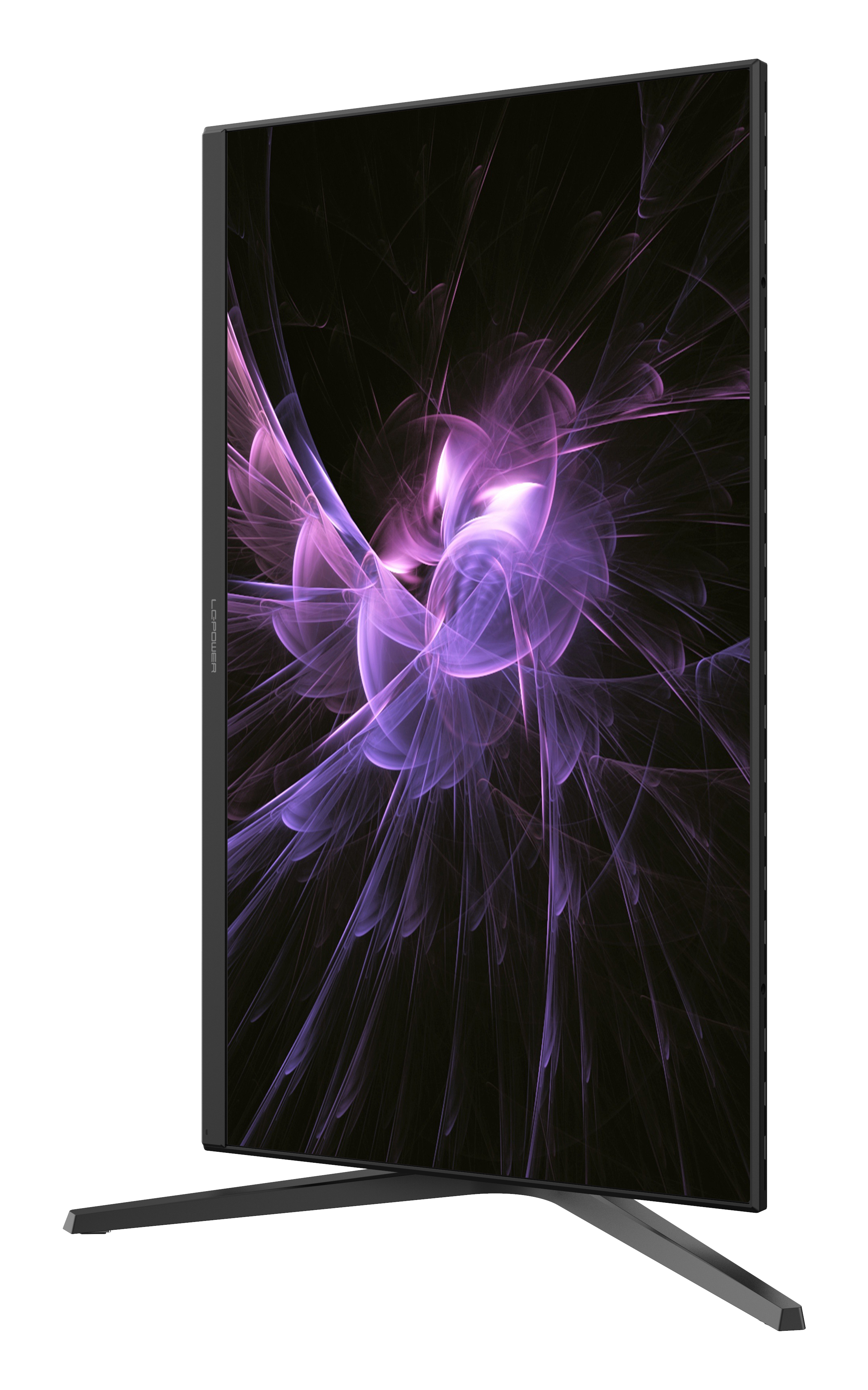 Widok z boku monitora z czarną ramką. Ekran wyświetla fioletową grafikę.