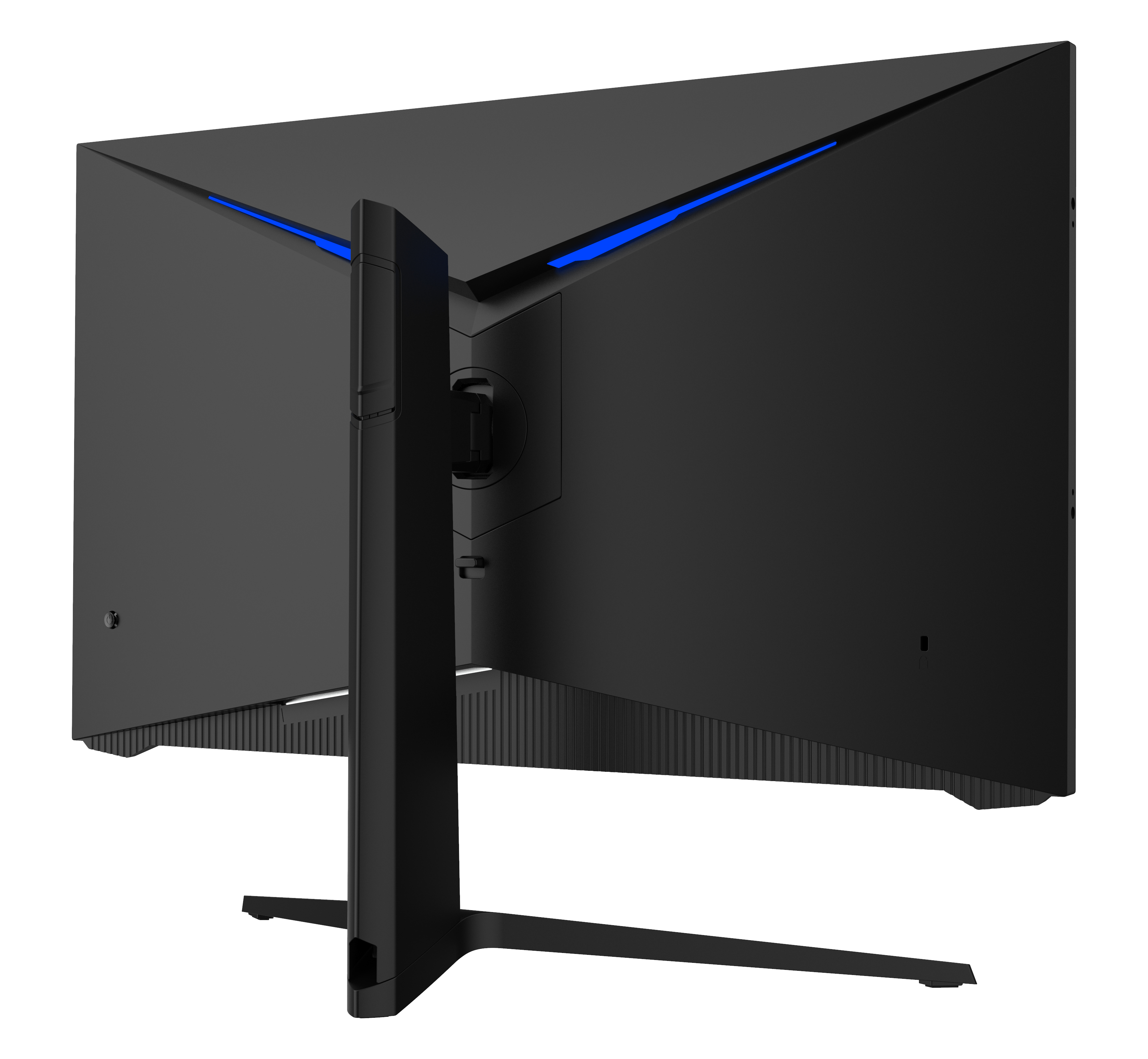Tył czarnego monitora. Ma podstawę i niebieskie światła.