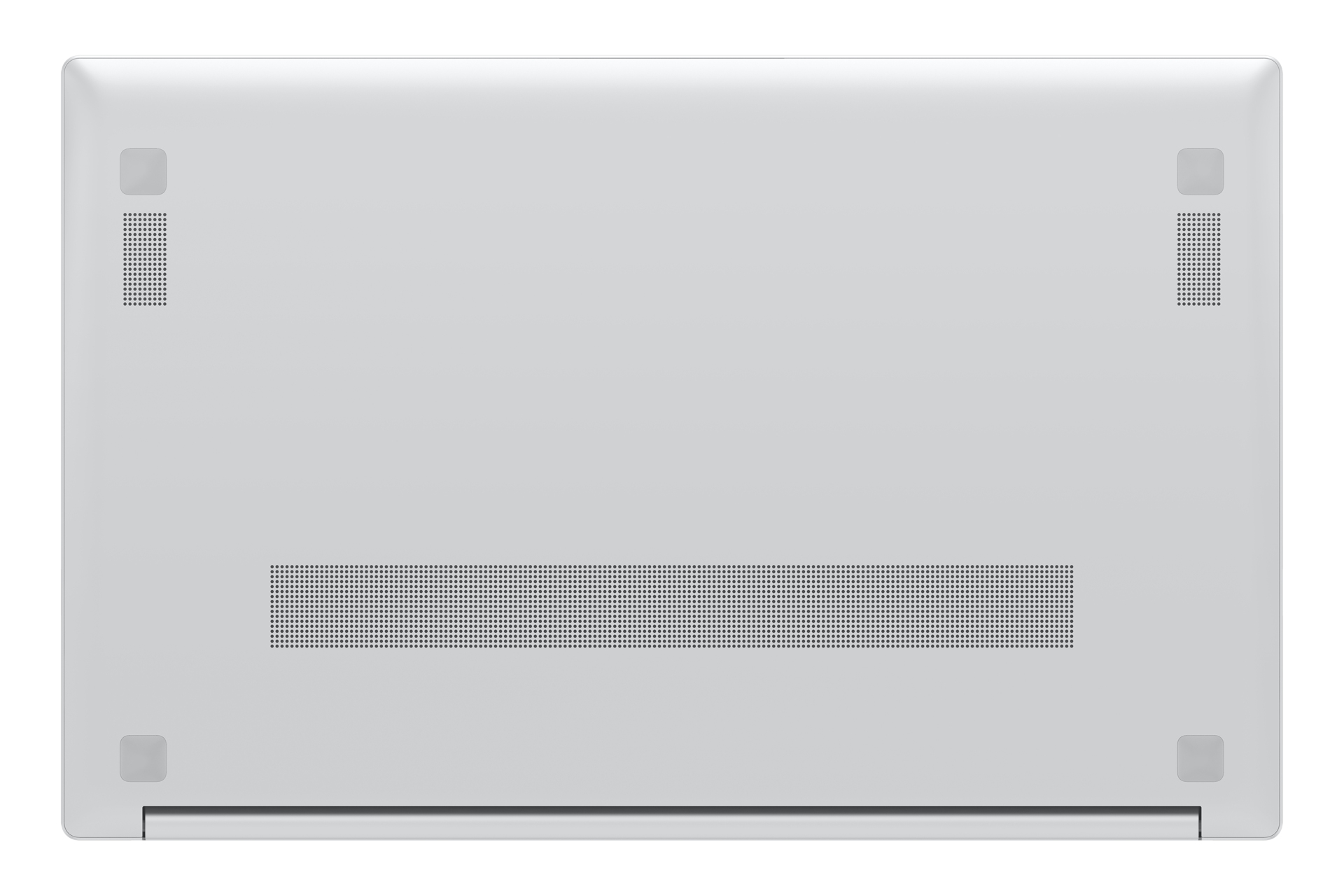 Der Boden eines hellgrauen Laptops, der Lüftungsschlitze und Gummifüße zeigt.