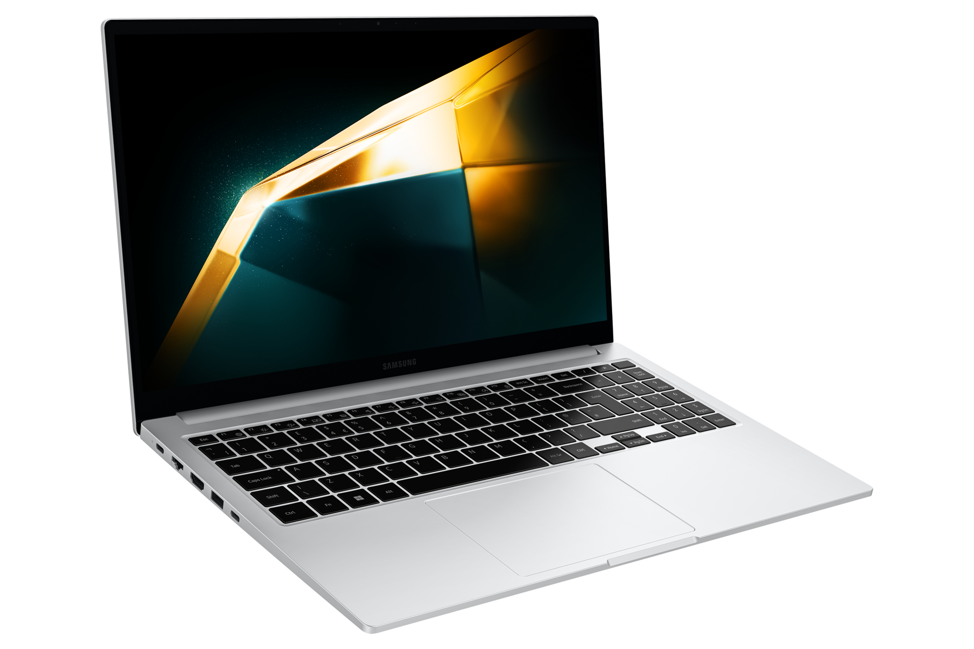 Silberner Laptop mit schwarzer Tastatur und Bildschirm mit goldenem und blaugrünem abstraktem Design.