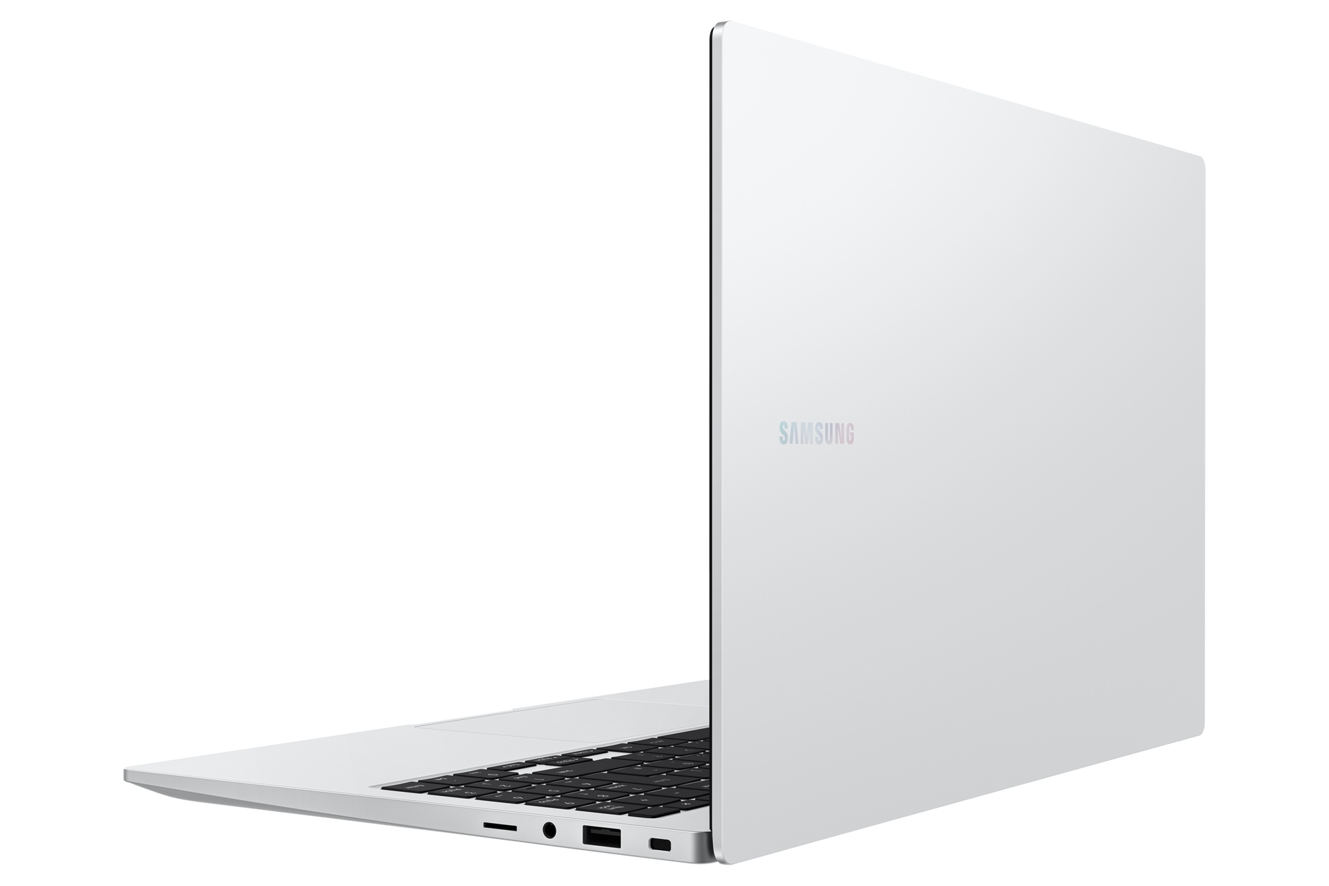 Weißer Samsung Laptop, geöffnet, Tastatur zeigend, mit Samsung Logo, auf weißem Hintergrund.