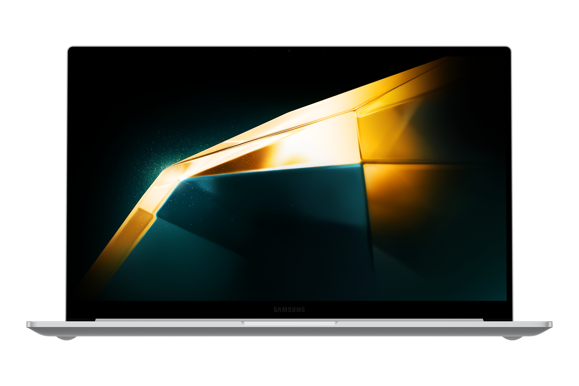 Ein Laptop mit einem gold-schwarzen Bildschirm. Der Laptop ist silberfarben und auf weißem Hintergrund.