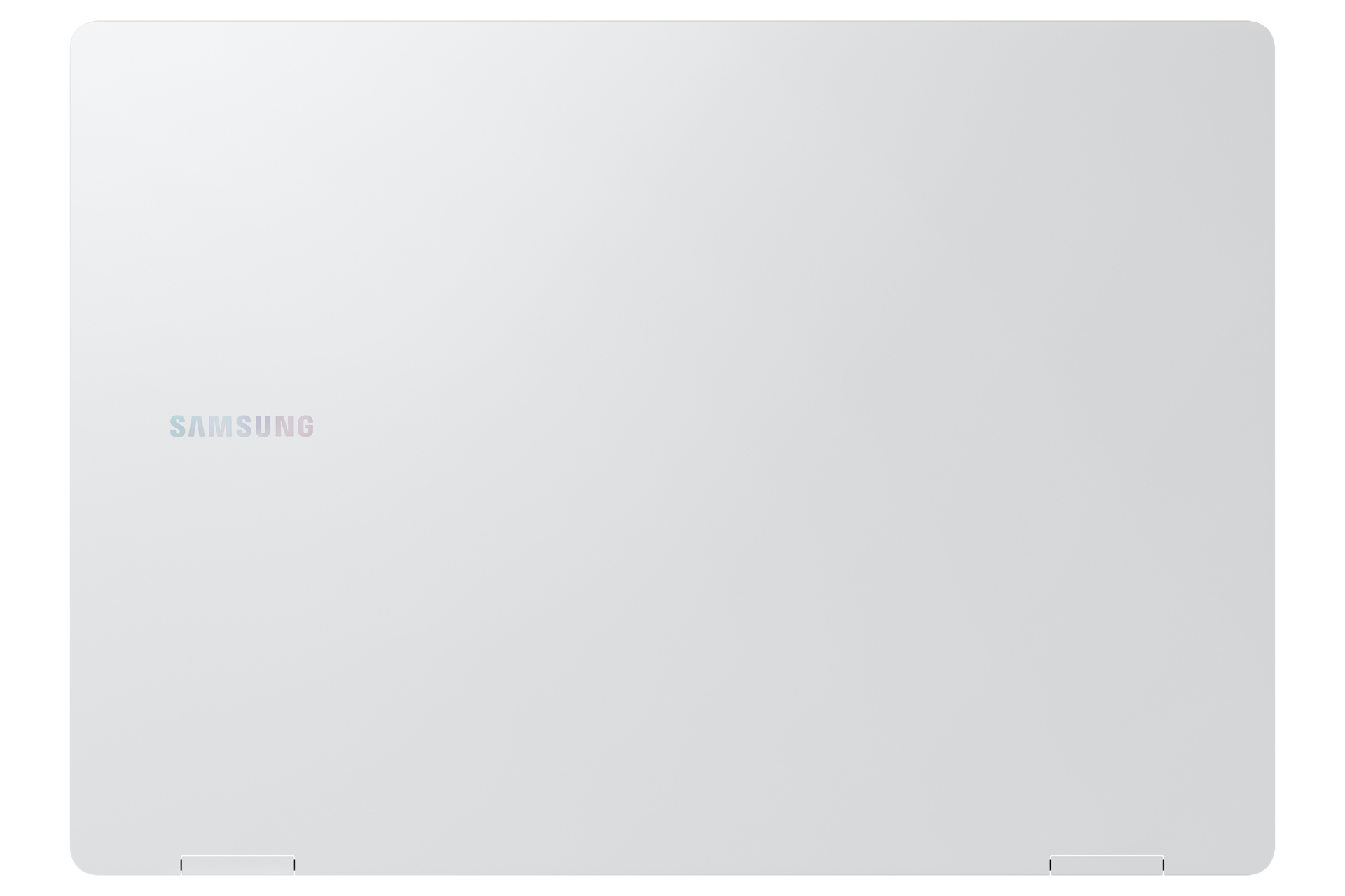 Vista dall'alto di un laptop Samsung bianco con logo visibile.
