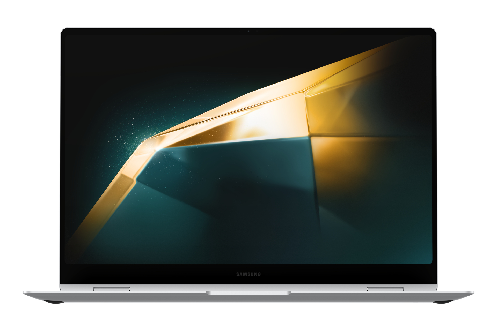 Un laptop argentato con uno schermo color oro che mostra un design astratto.