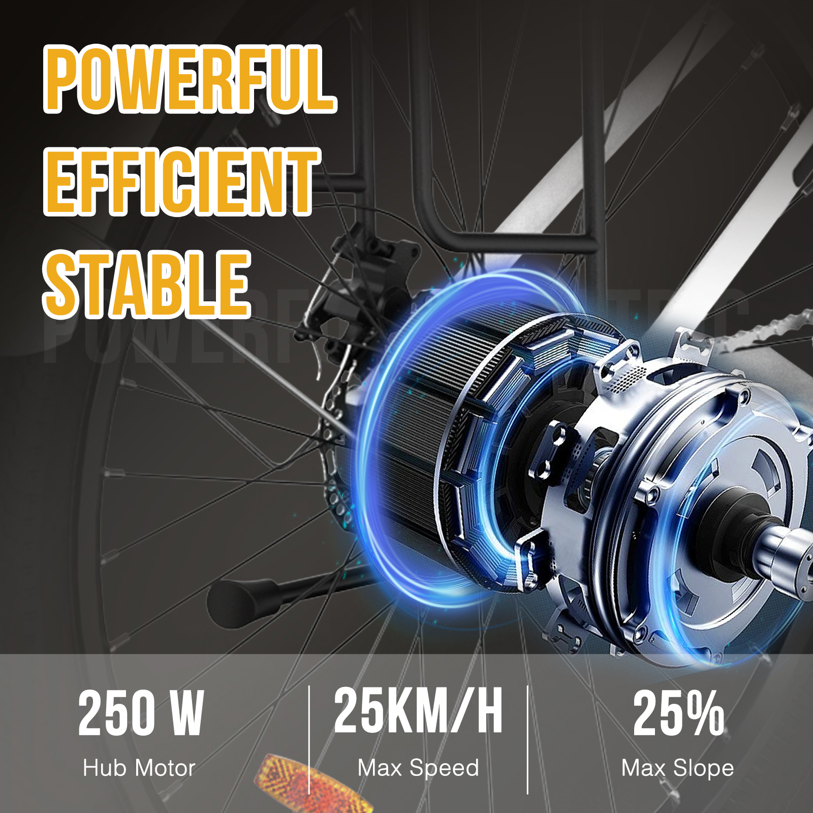 Primer plano de un motor de bicicleta eléctrica con texto: potente, eficiente, estable y especificaciones.