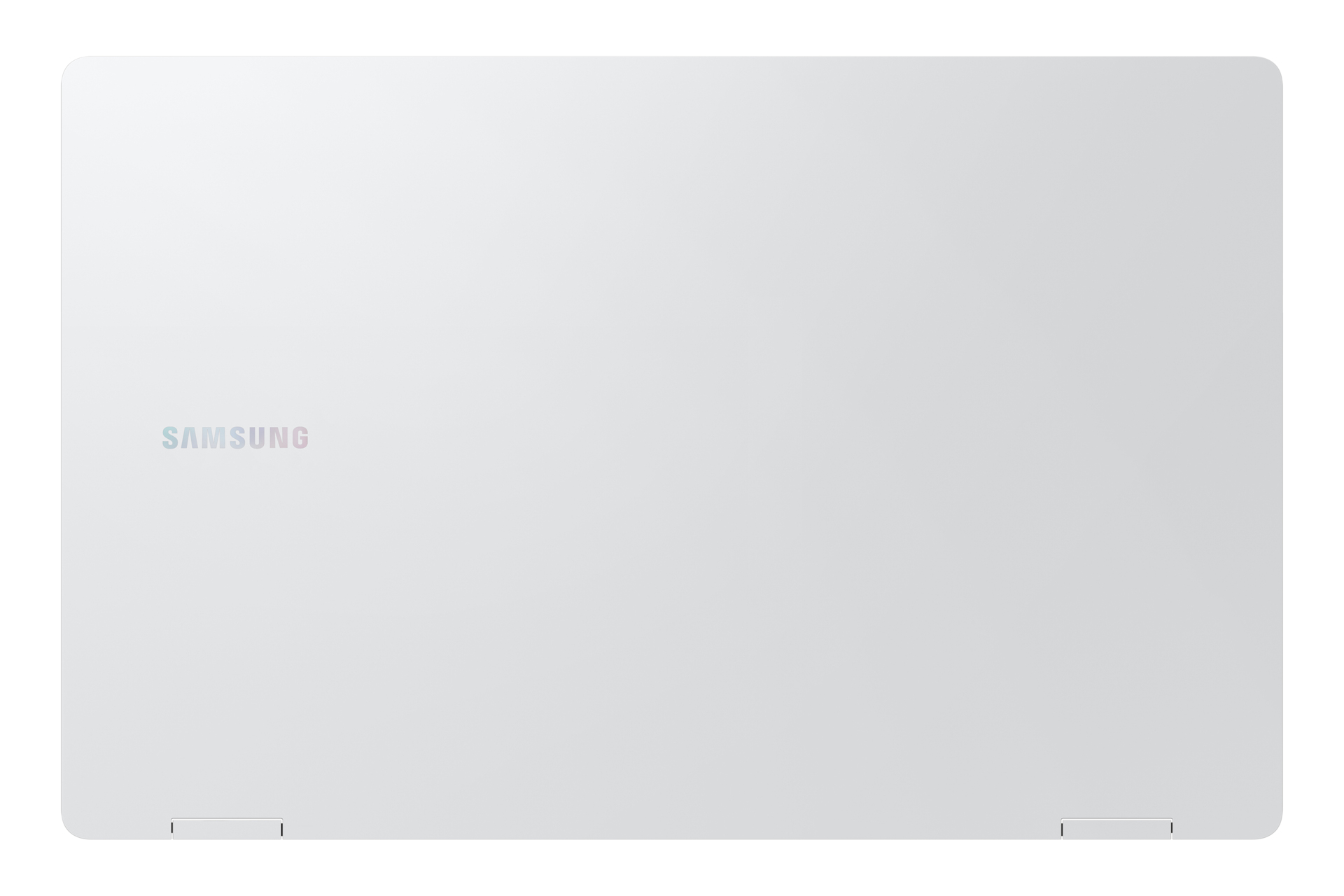 Un ordinateur portable Samsung blanc, fermé, incliné pour montrer le dessus.