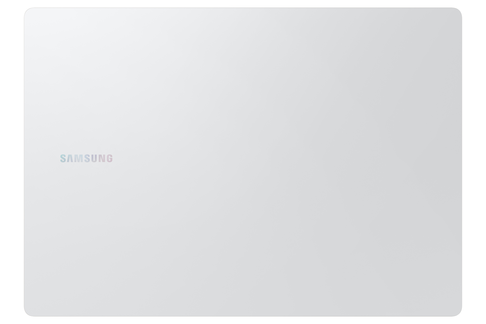 Biały laptop, zamknięty, z logo Samsung na powierzchni, na białym tle.