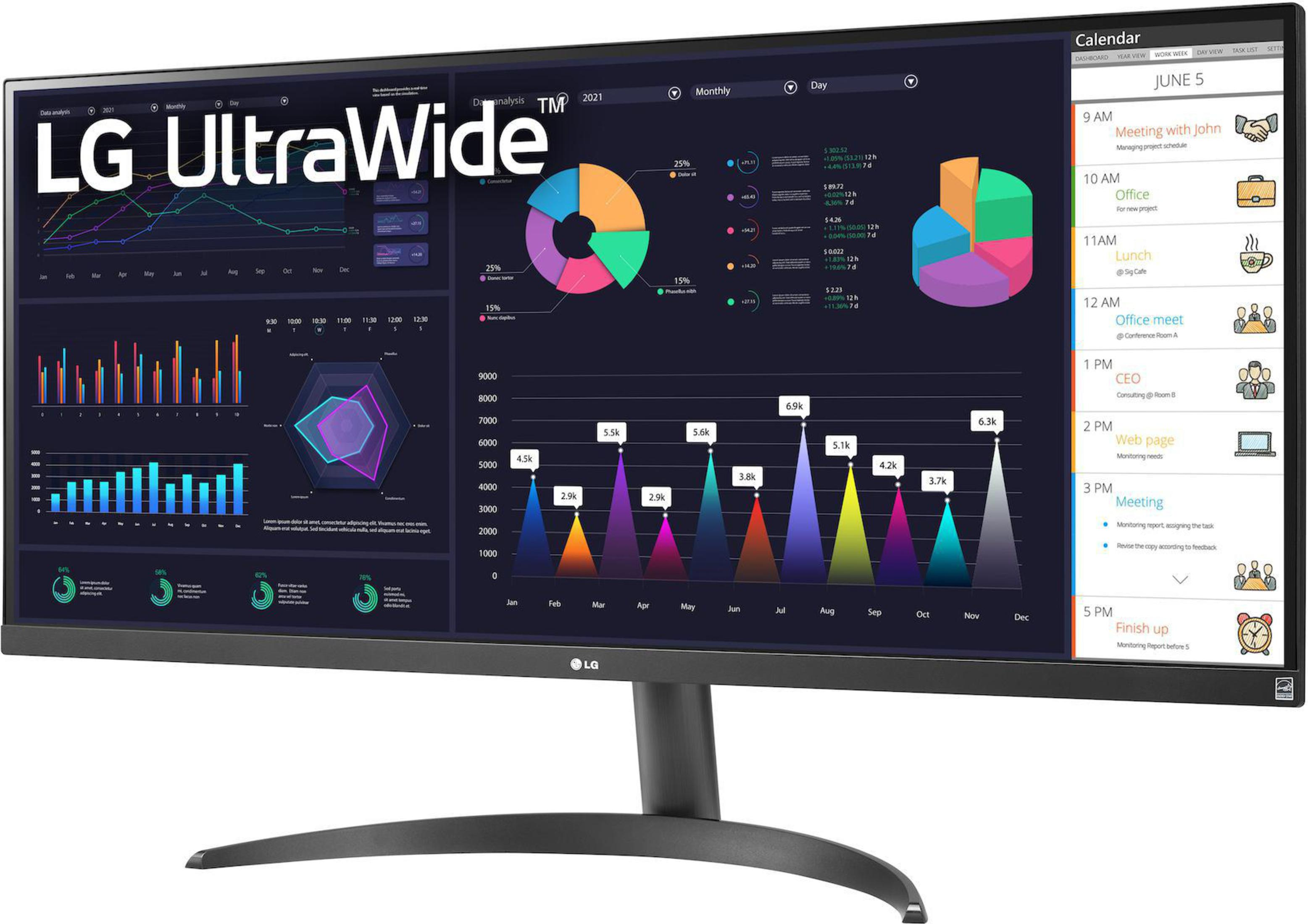 Ein LG UltraWide Monitor, der Diagramme und einen Kalender auf einem schwarzen Ständer zeigt.