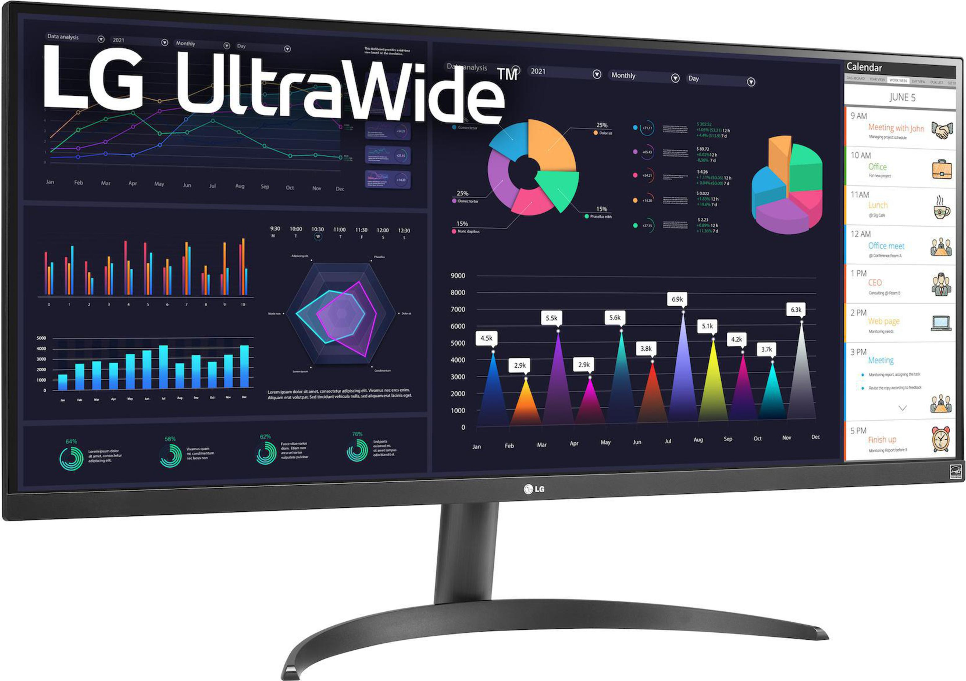 Ein LG UltraWide-Monitor mit Diagrammen und Kalender. Schwarzer Rahmen, weißer Text.
