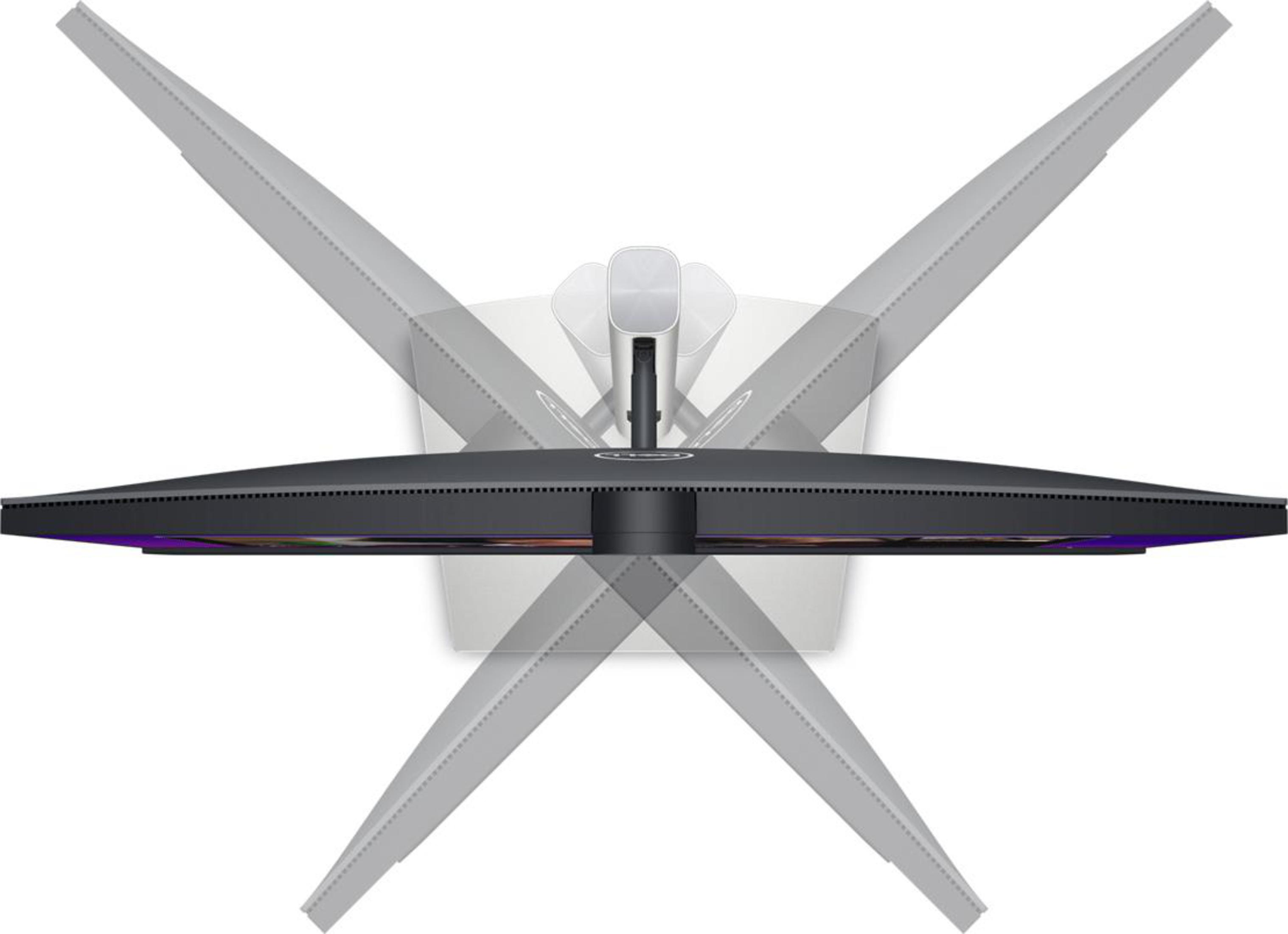 Widok z góry na monitor komputera. Monitor ma regulowane kąty. Białe tło.