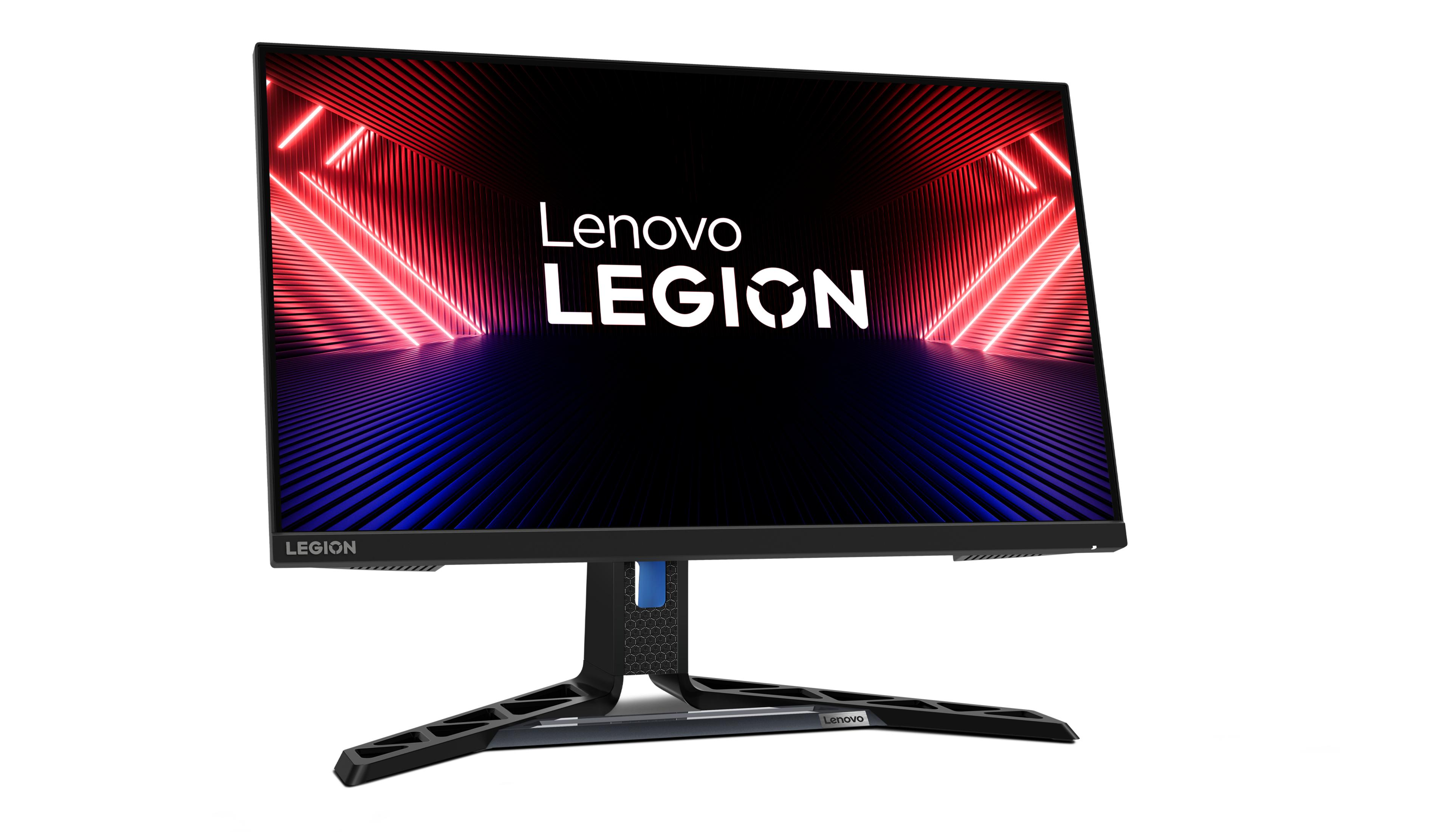 Monitor gaming Lenovo Legion, marco negro, soporte y pantalla mostrando el logo.